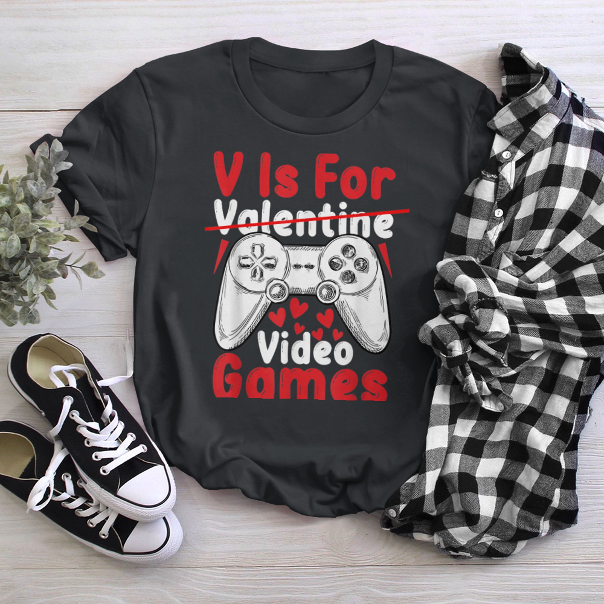 Valentines Day V Is For Video Games Funny Gaming Lover (1) t-shirt black