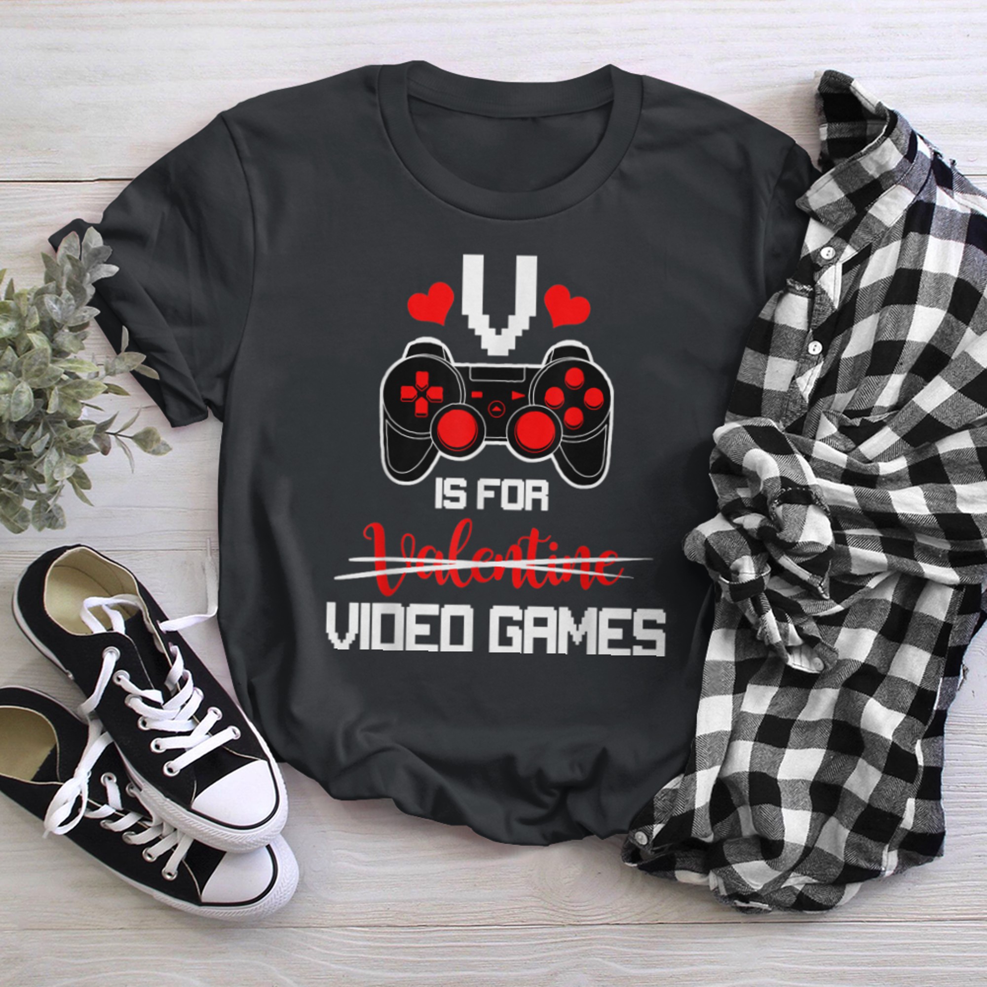 Valentines Day V Is For Video Games Funny Gaming Lover (2) t-shirt black