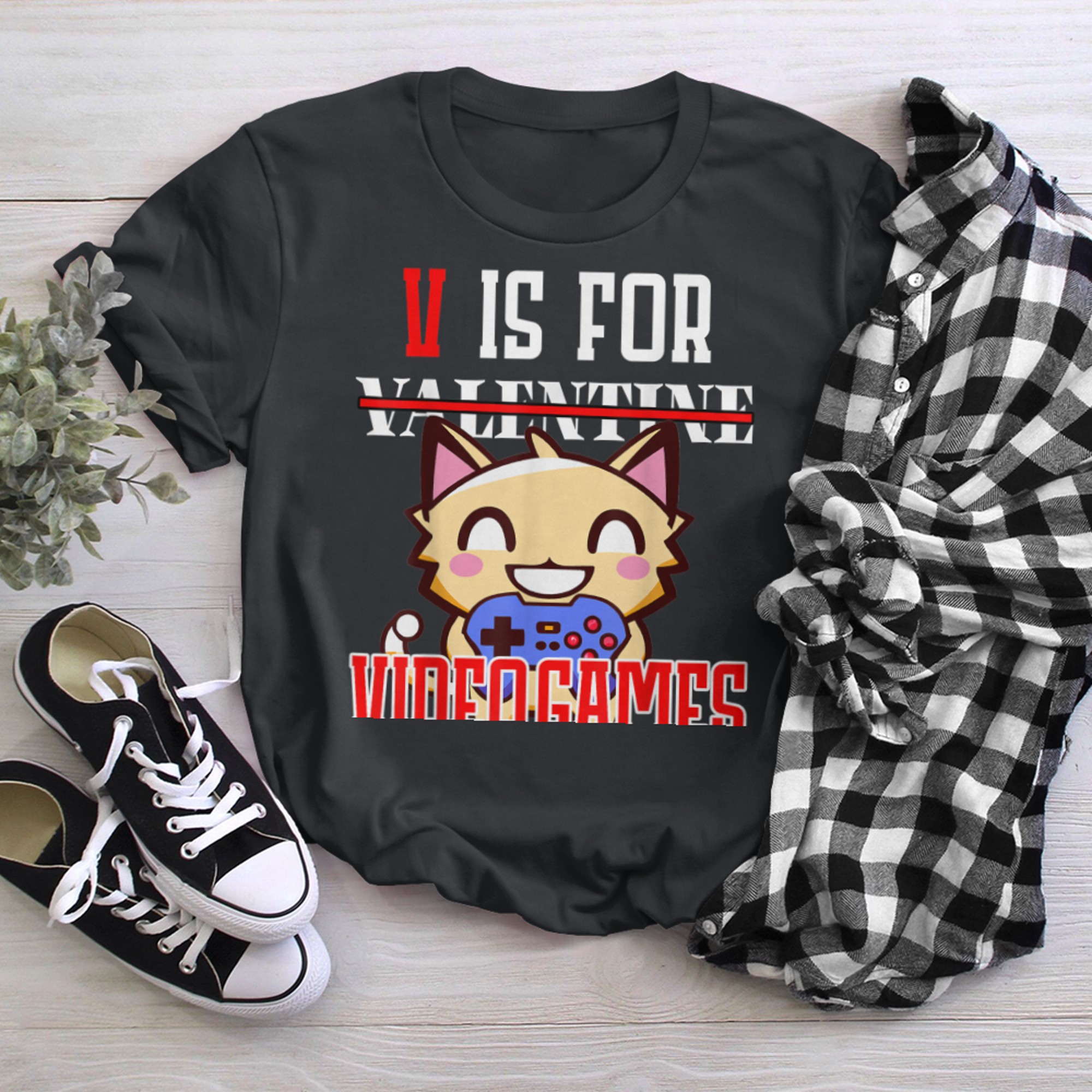 Valentines Day V Is For Video Games Kawaii Anime Cat Gaming t-shirt black