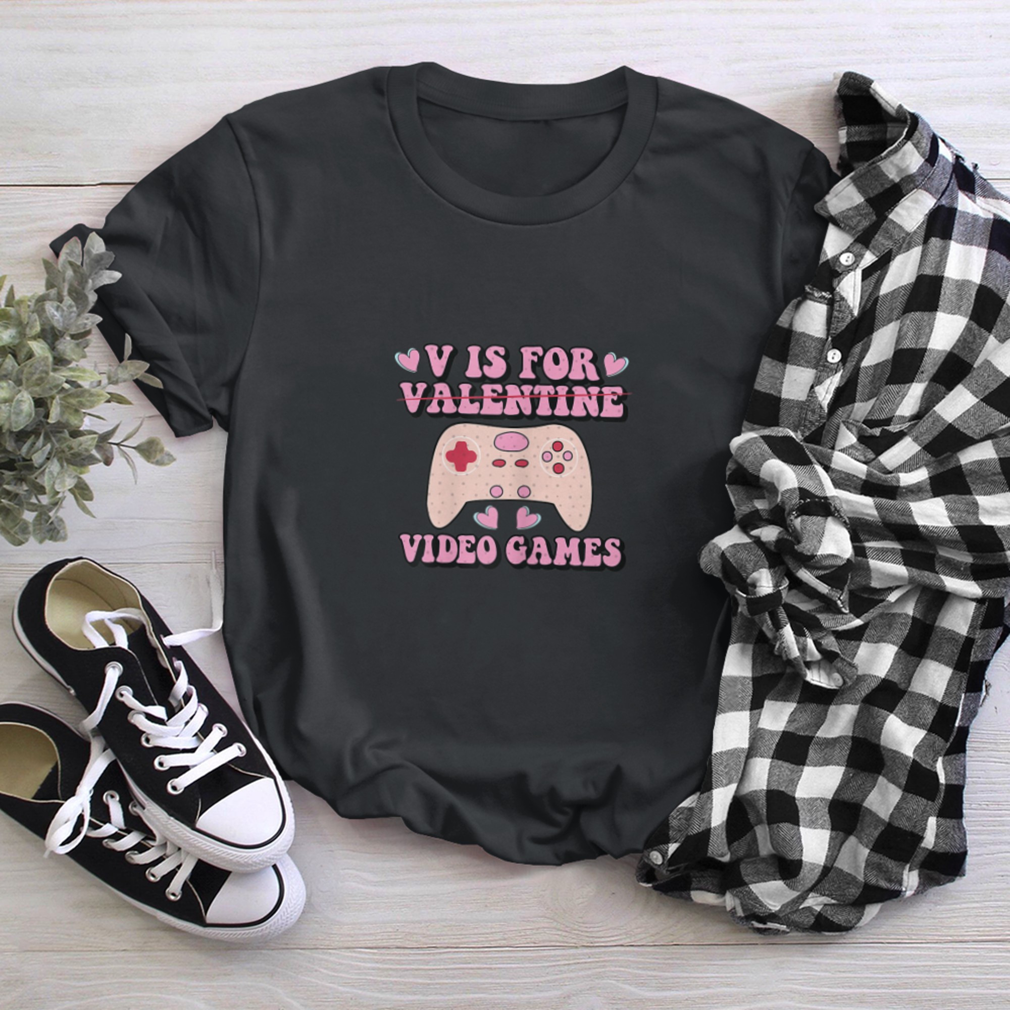 Womens V Is For Video Games Funny Valentines Day Girl Gamer t-shirt black