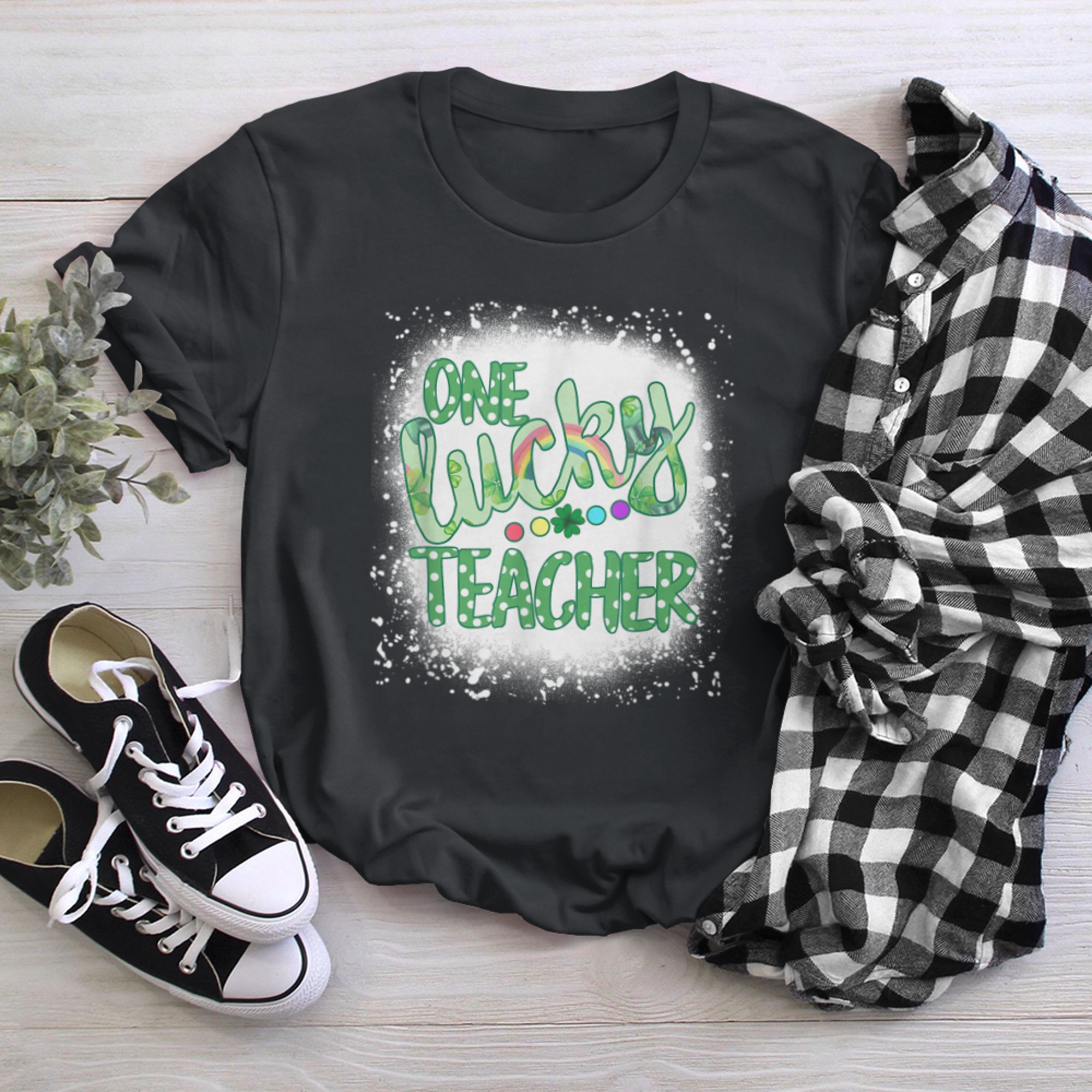 Blea.ched One Lucky Teacher Shamrock Clover St. Patrick's Day t-shirt black