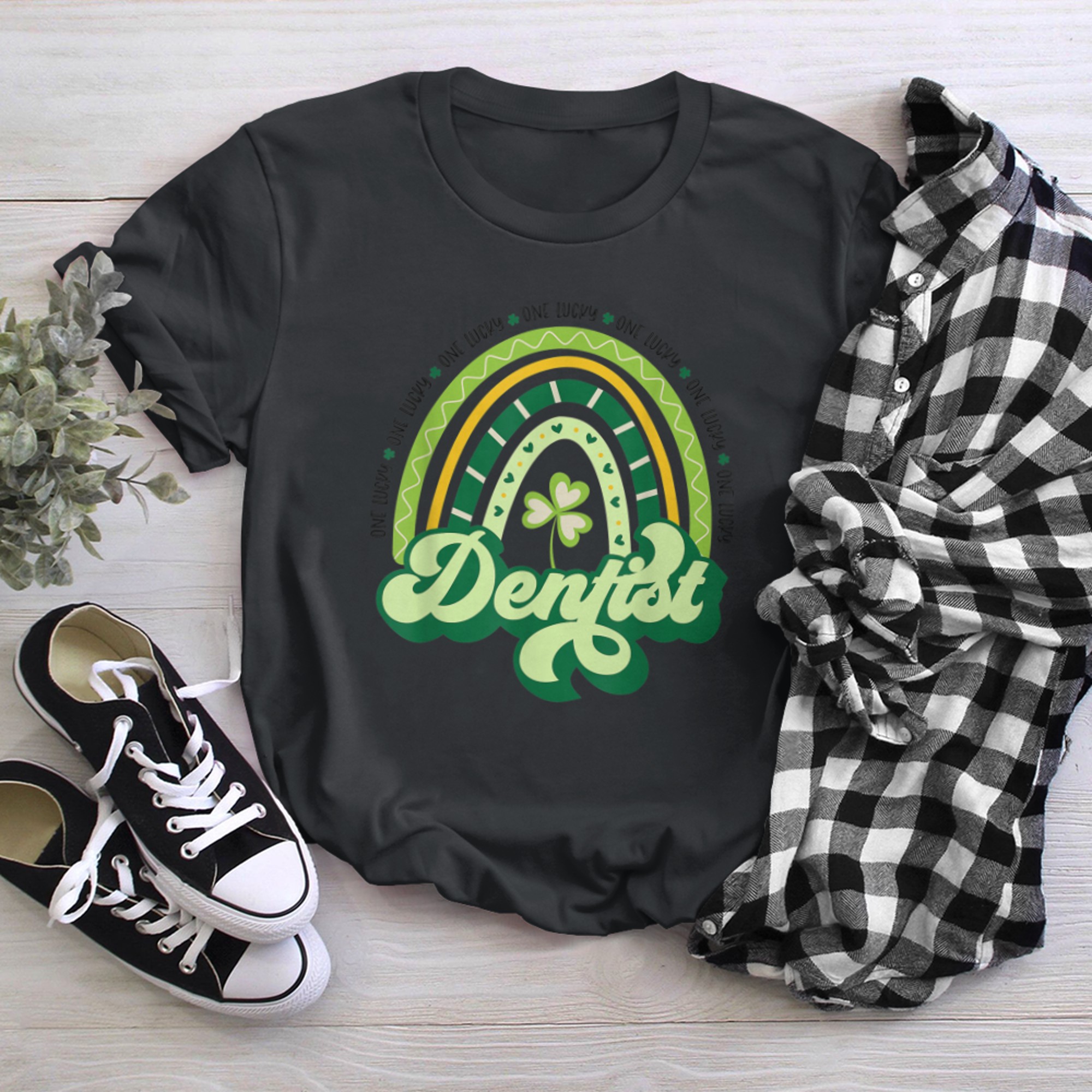 Boho Rainbow Shamrock One Lucky Dentist St Patricks Day t-shirt black