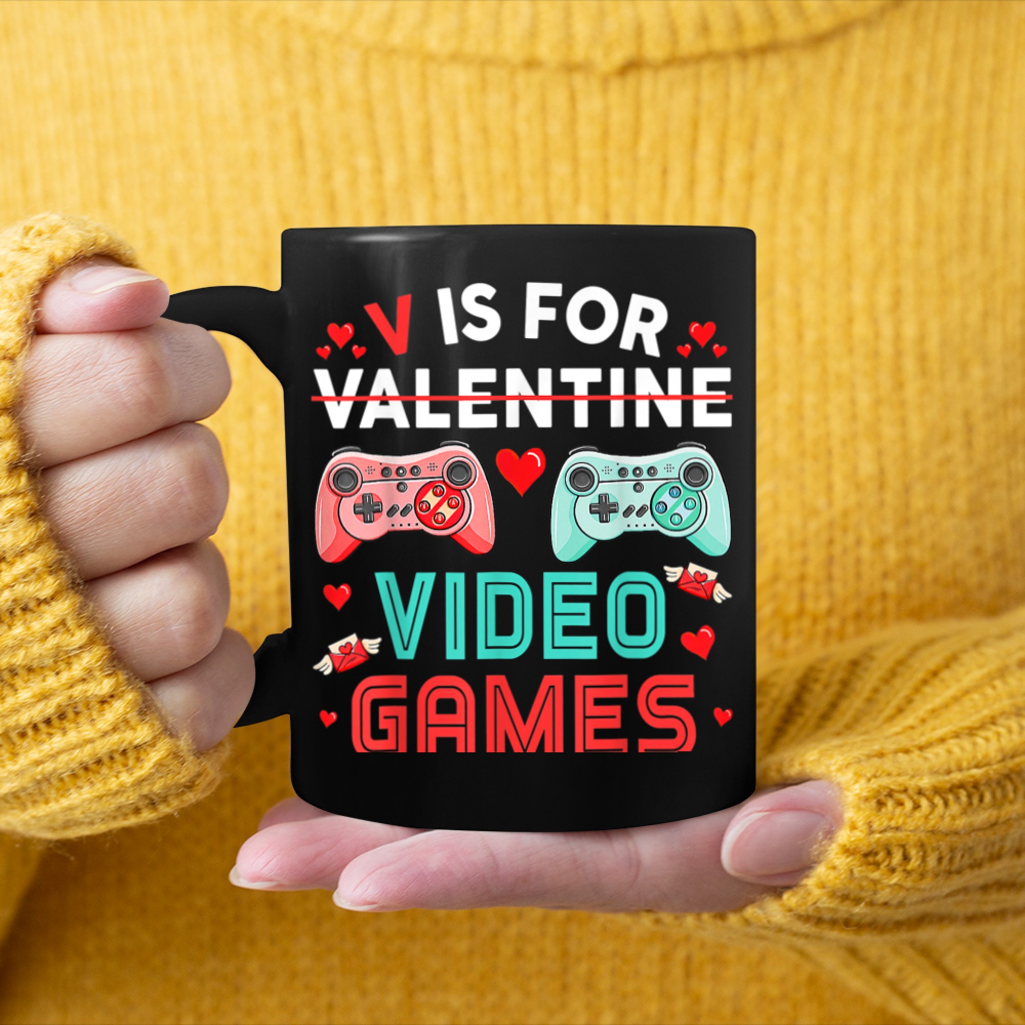 Boy Valentine Day Shirt V Is For Video Games Funny Gamer Men mug black