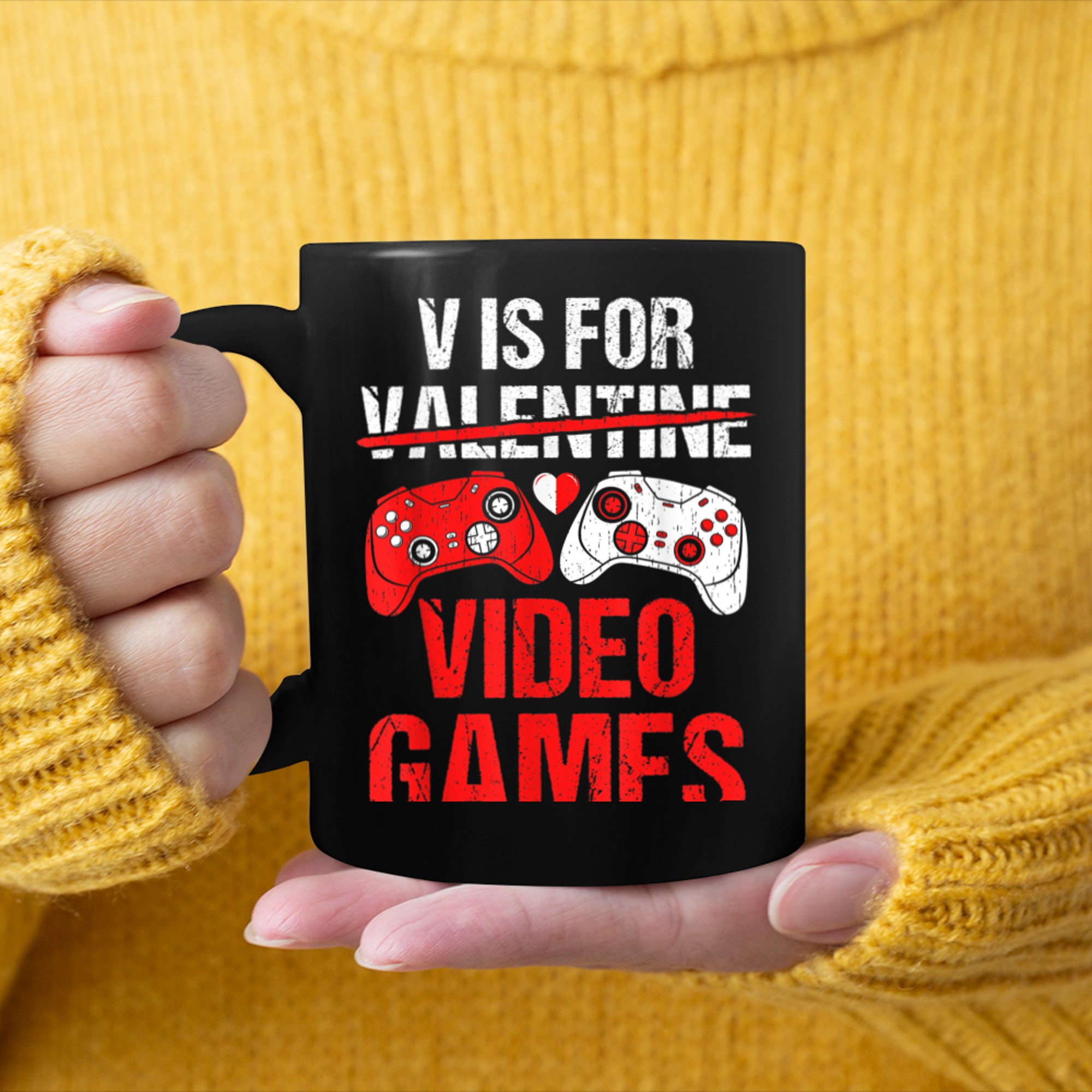 Boys Valentine's Day for Gamer V is for Video Games mug black