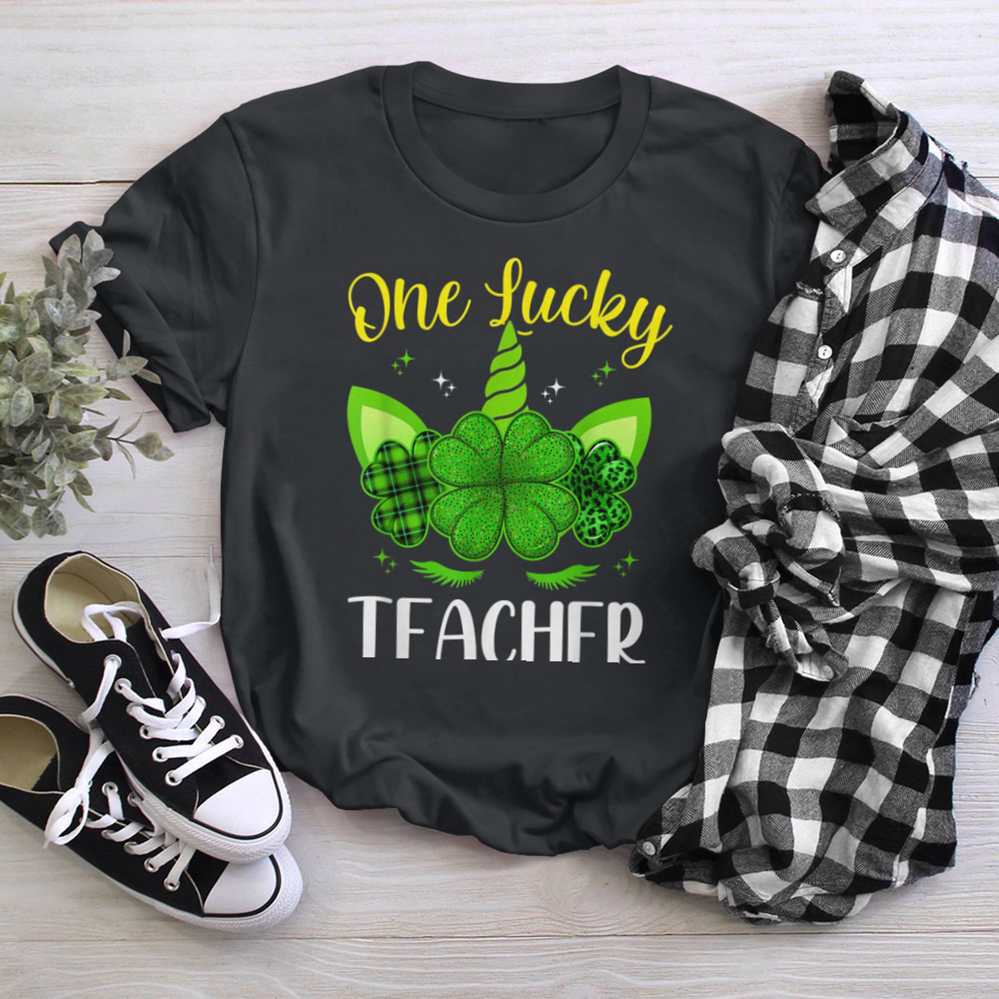 Cute Unicorn One Lucky Teacher Happy St Patrick Days t-shirt black