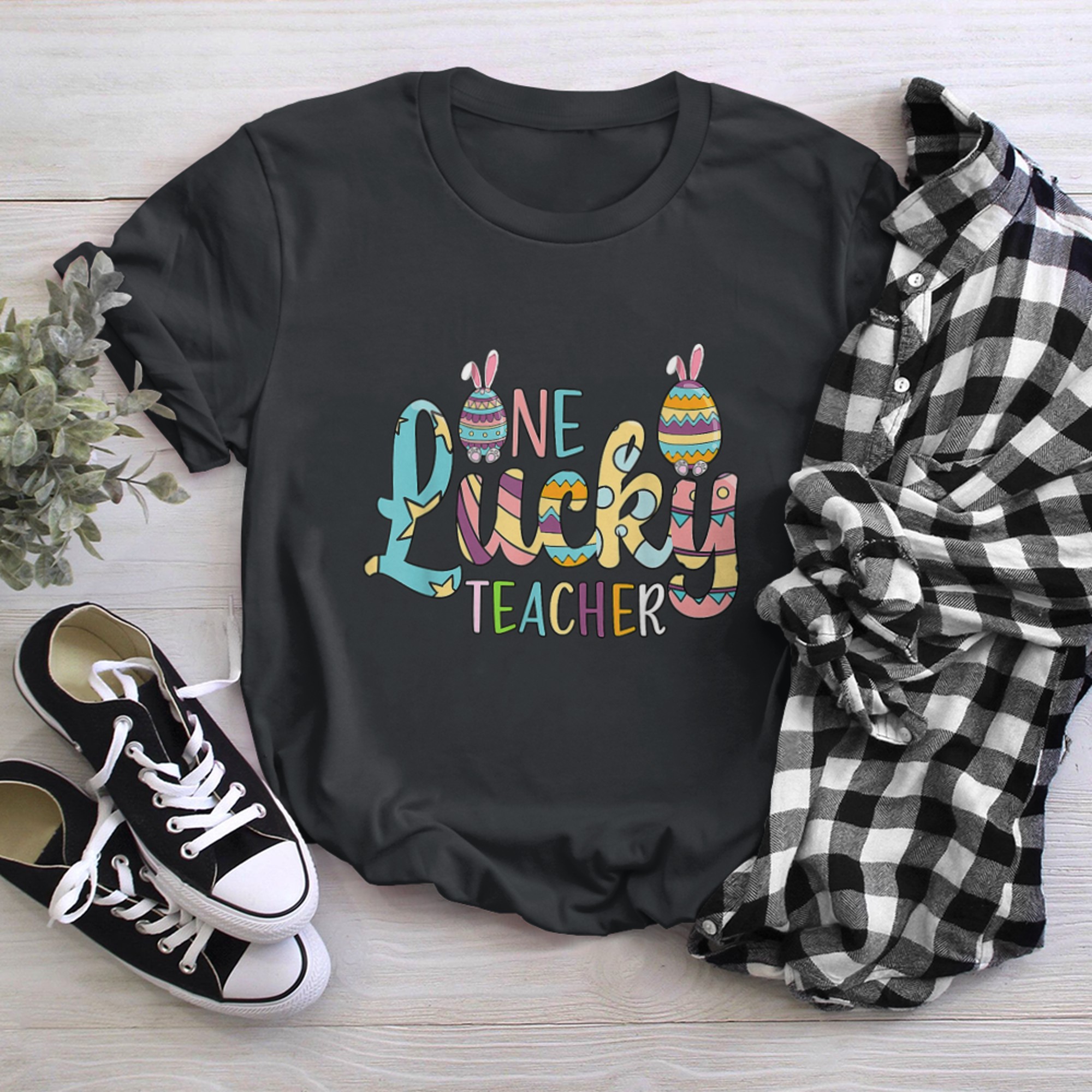 Funny Easter Day One Lucky Teacher Rainbow Cool Easter Day t-shirt black