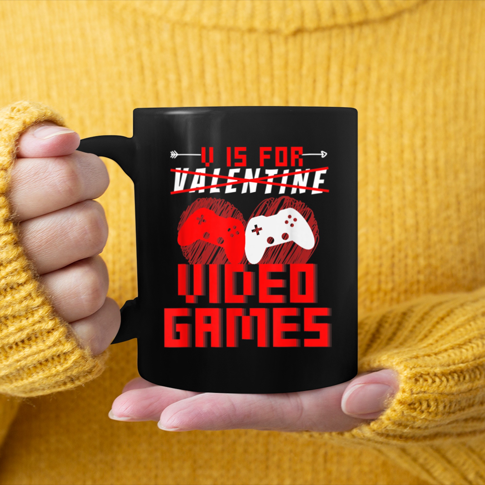 Funny Gamer V Is For Video Games Kids Boys Valentines Day mug black