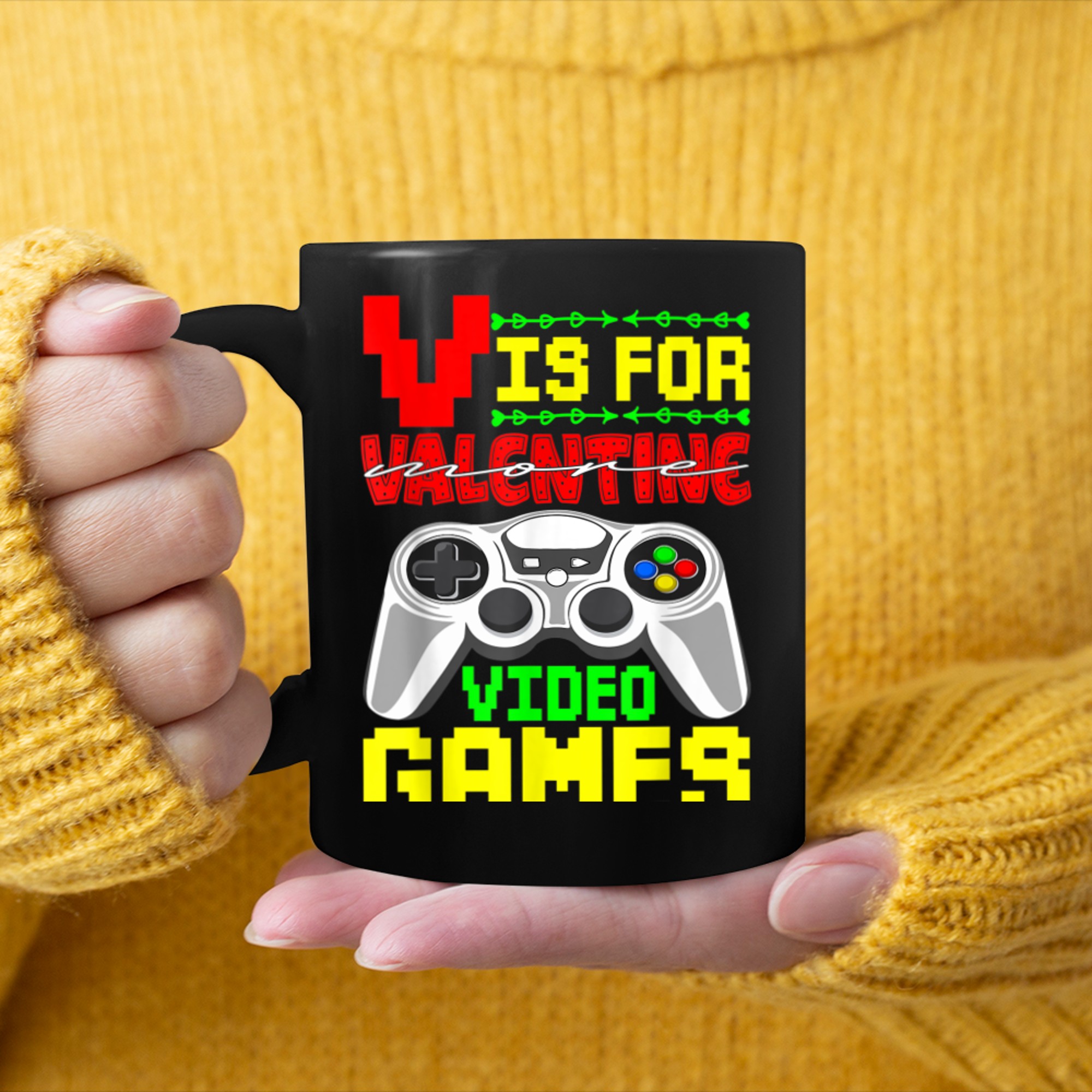 Funny Gamer V Is For Video Games Valentines Day Boys Kids mug black