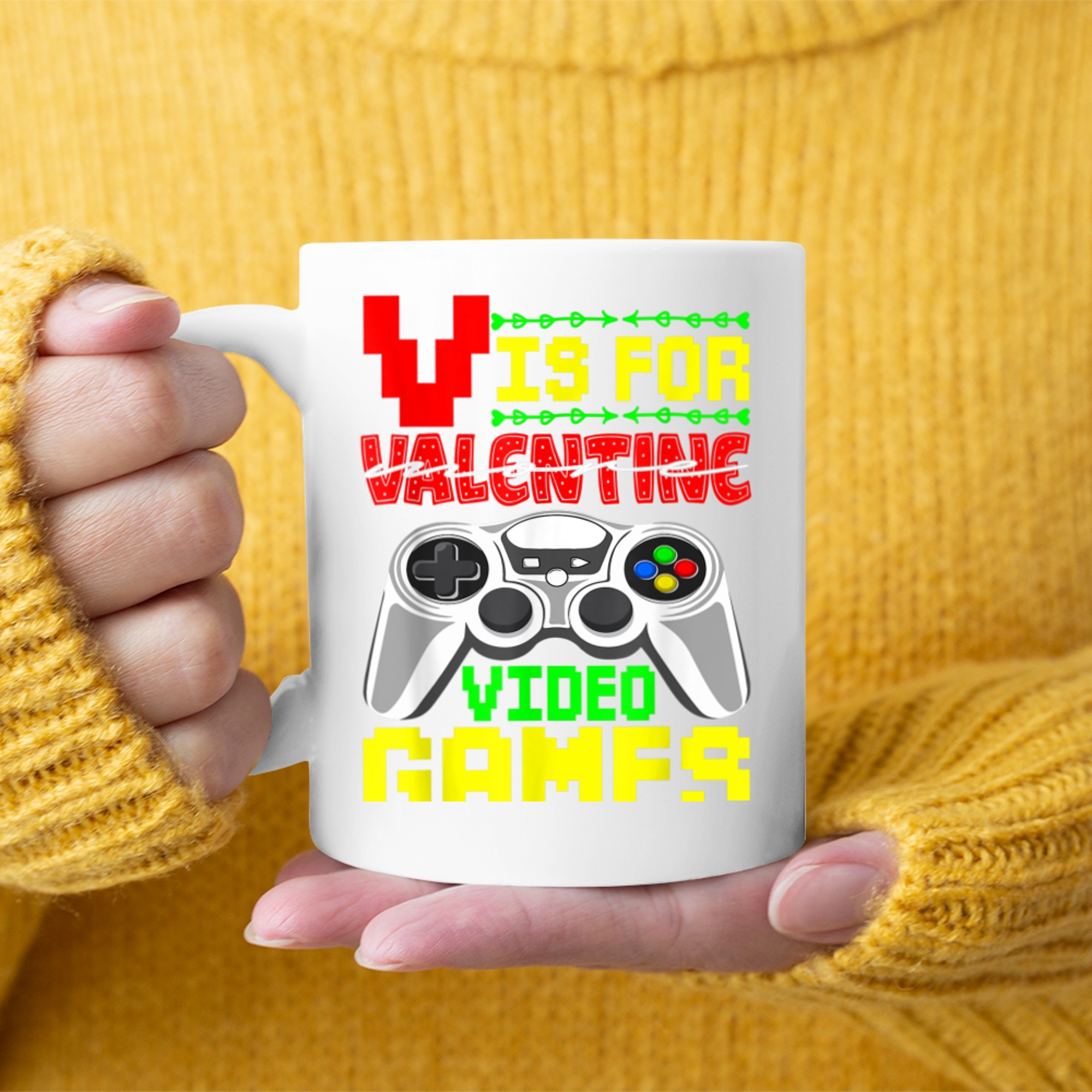 Funny Gamer V Is For Video Games Valentines Day Boys Kids mug white