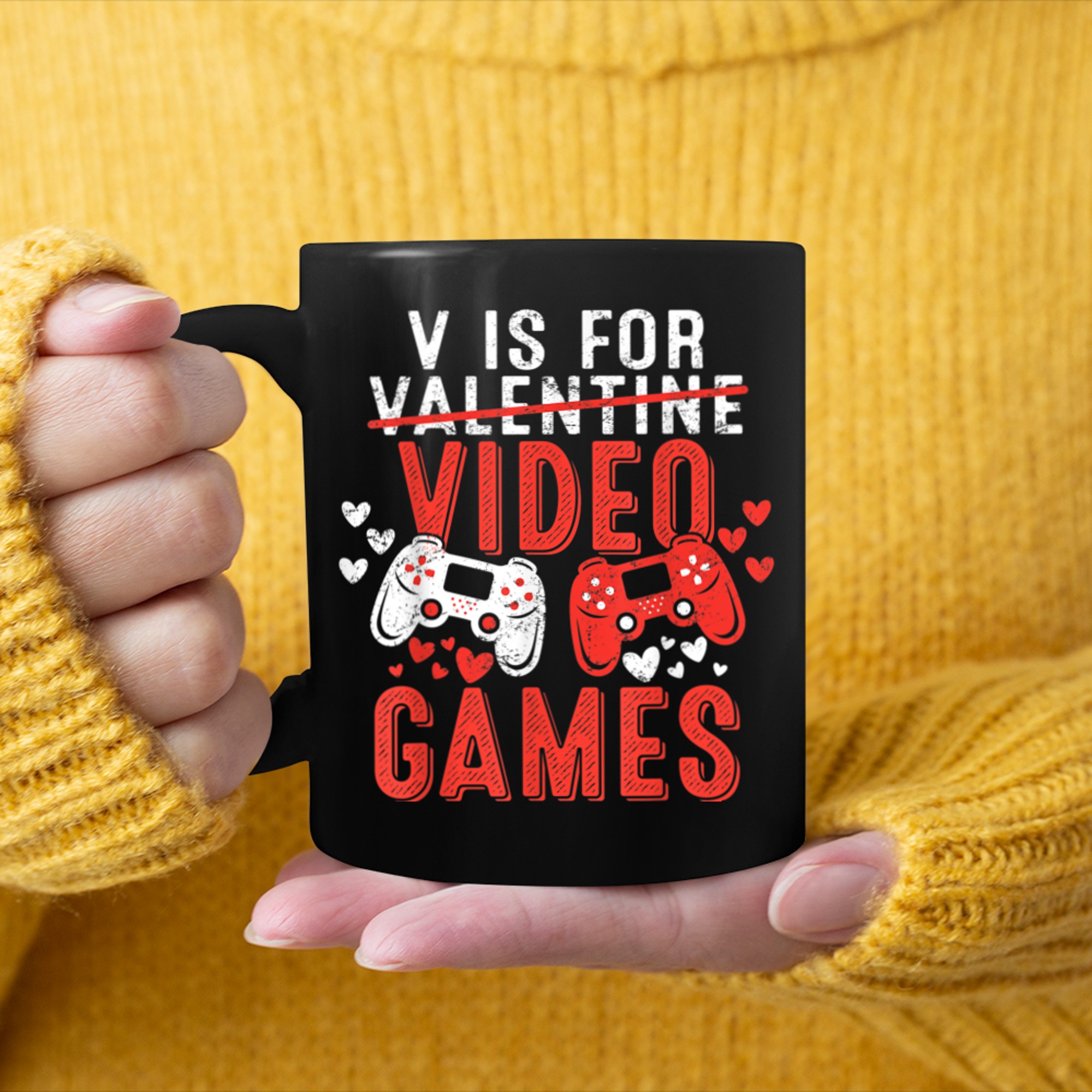 Funny Gamer Valentines Day Boys V-is for Video Games Mens mug black