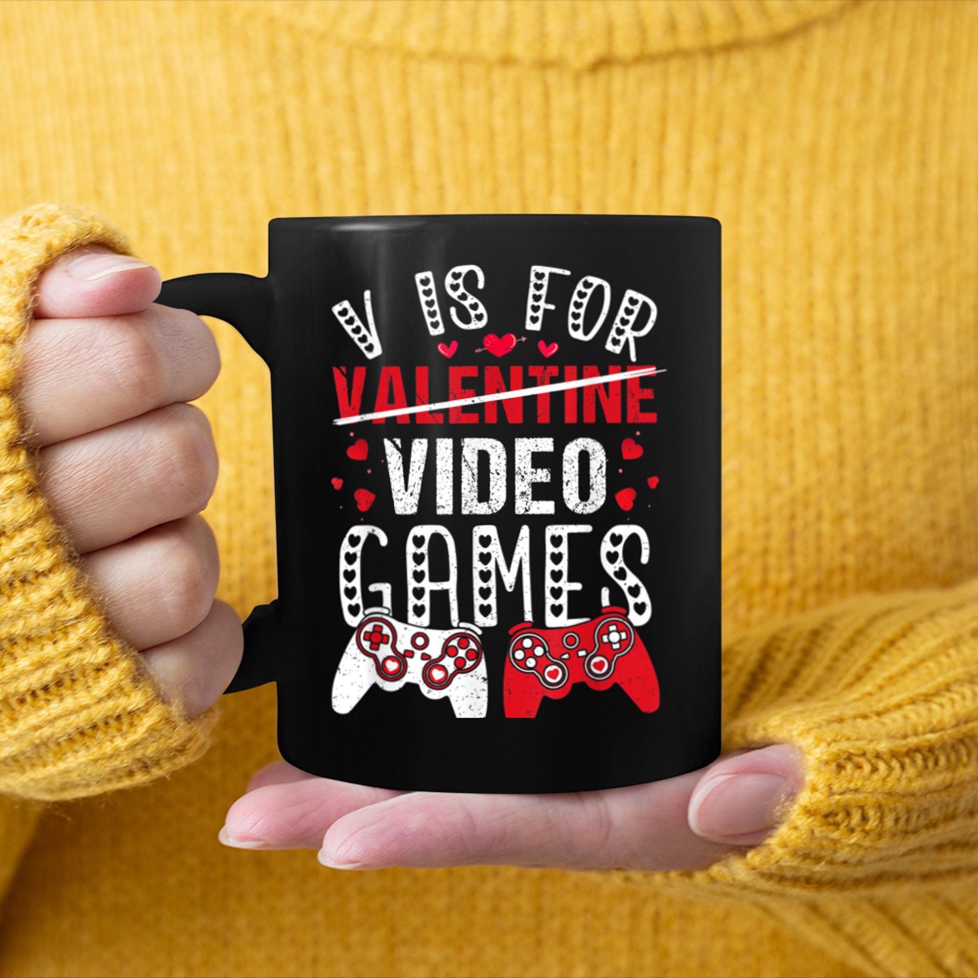 Funny Gamer Valentines Day V Is For Video Games Boys Girls mug black