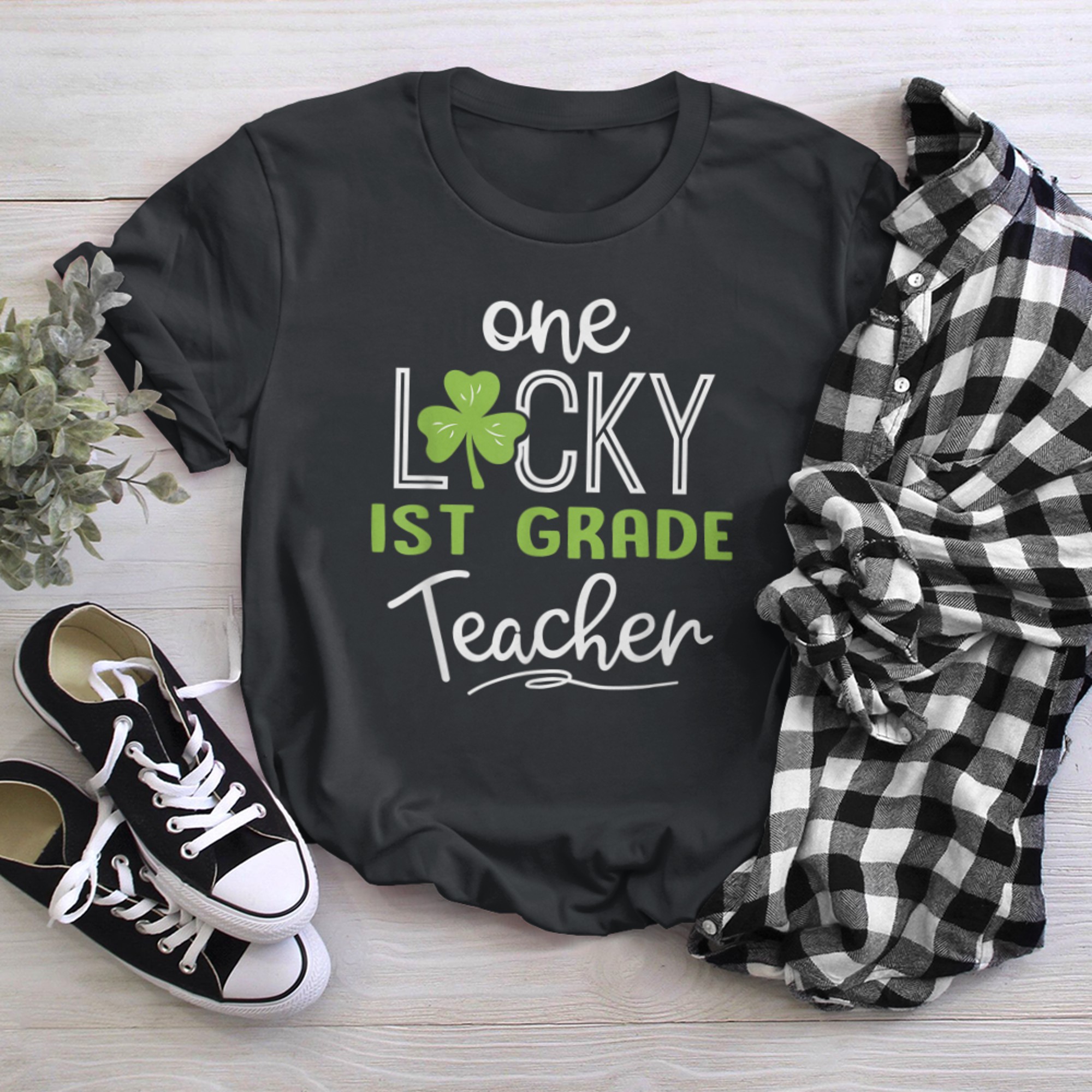 Funny One Lucky 1ST GRADE Teacher Shirt St Patricks Day black white