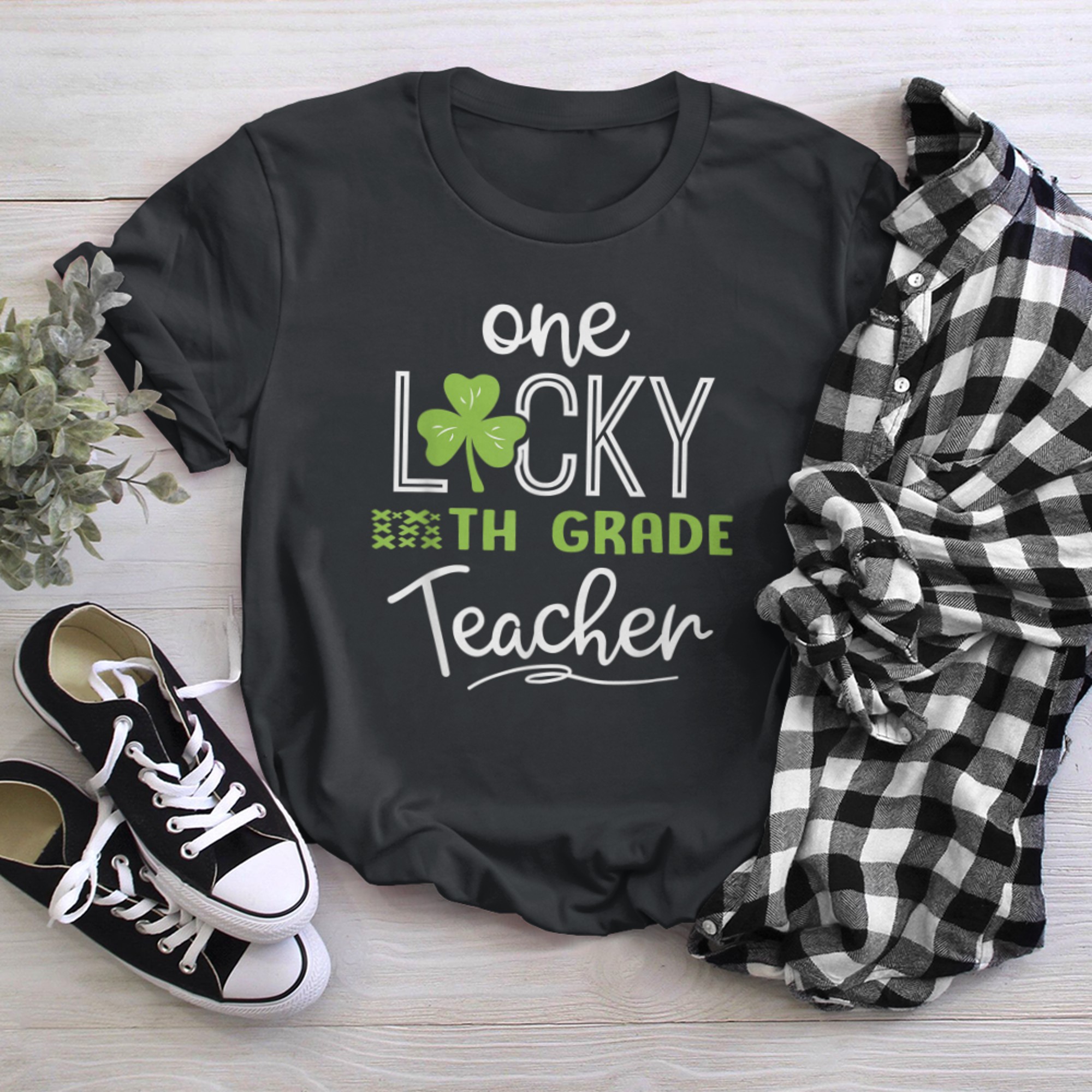 Funny One Lucky 4TH GRADE Teacher Shirt St Patricks Day black white