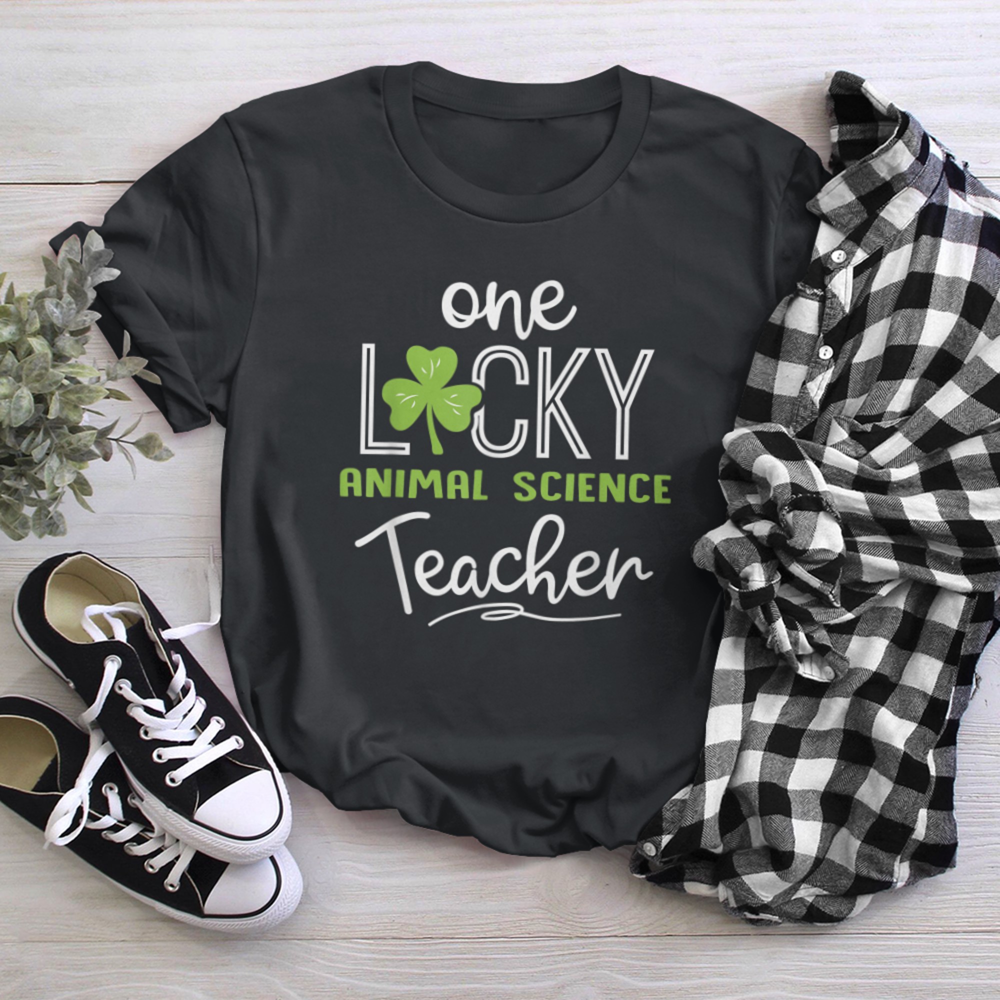 Funny One Lucky ANIMAL SCIENCE Teacher Shirt St Patricks Day black white