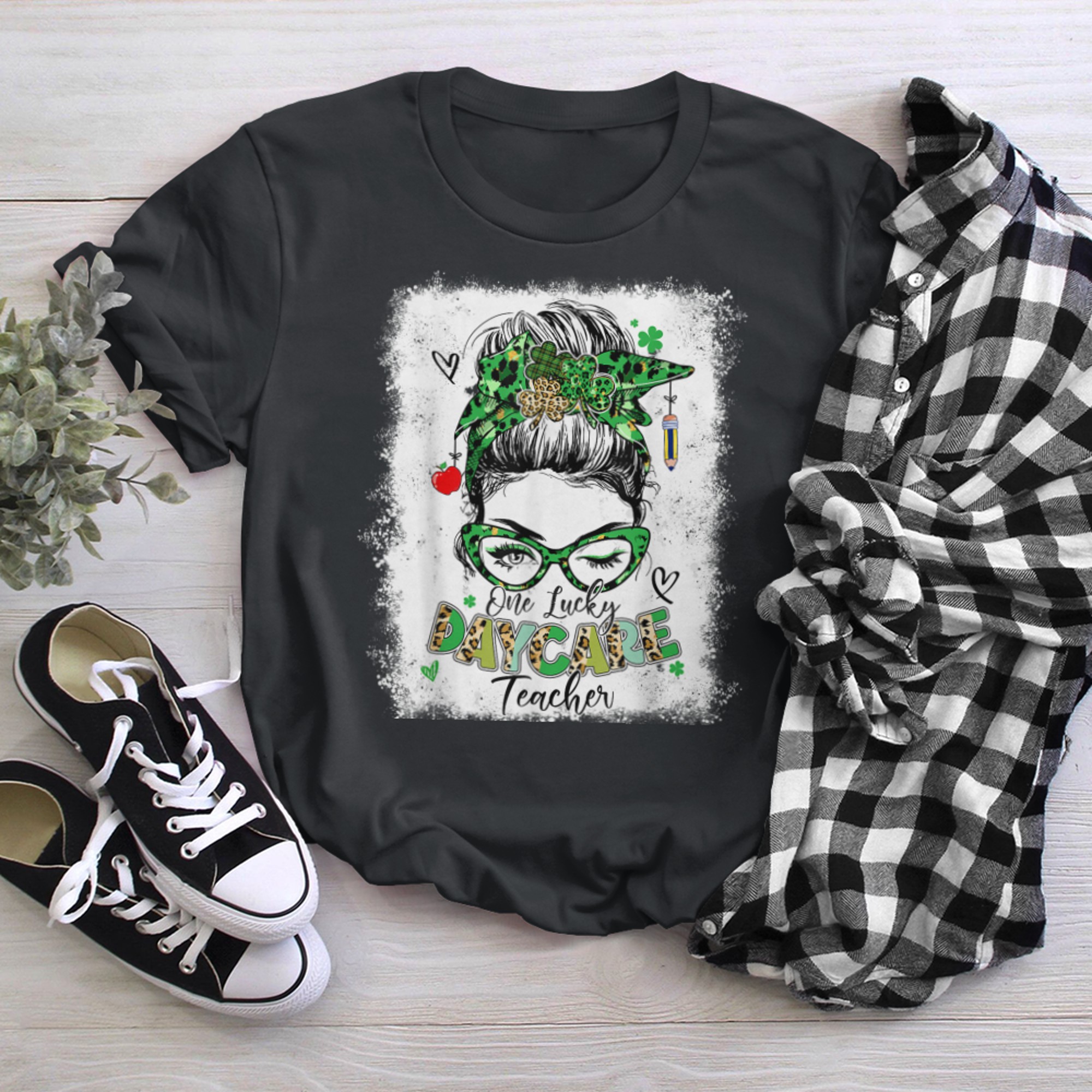 Funny One Lucky Daycare Teacher Messy Bun St Patricks Day black white