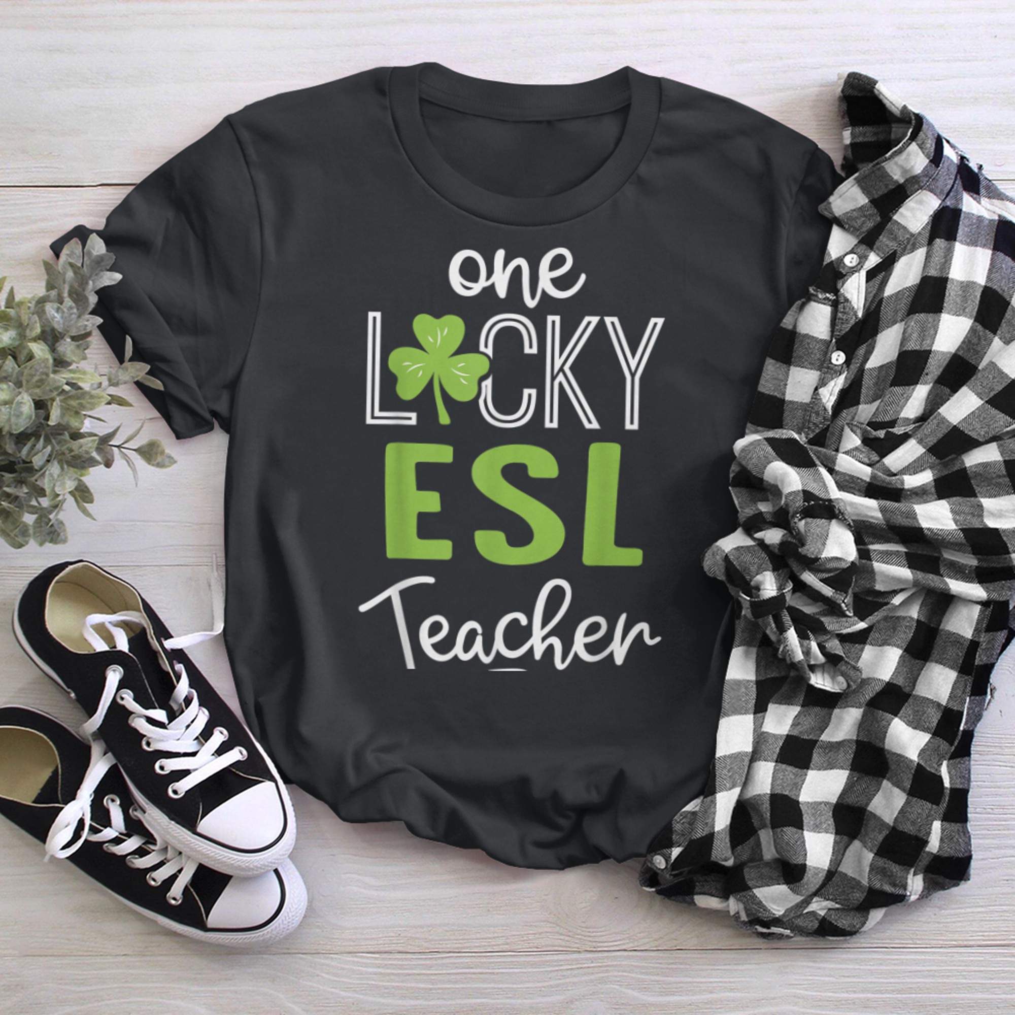 Funny One Lucky ESL Teacher Shirt St Patricks Day black white