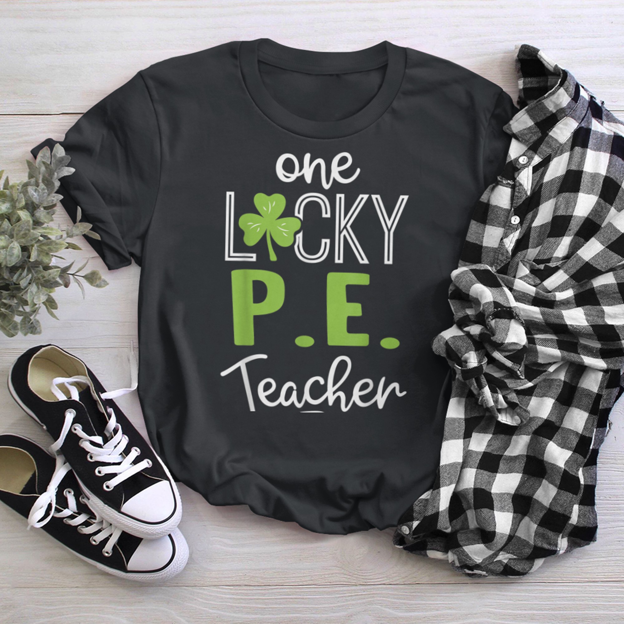 Funny One Lucky P.E. Teacher Shirt St Patricks Day black white