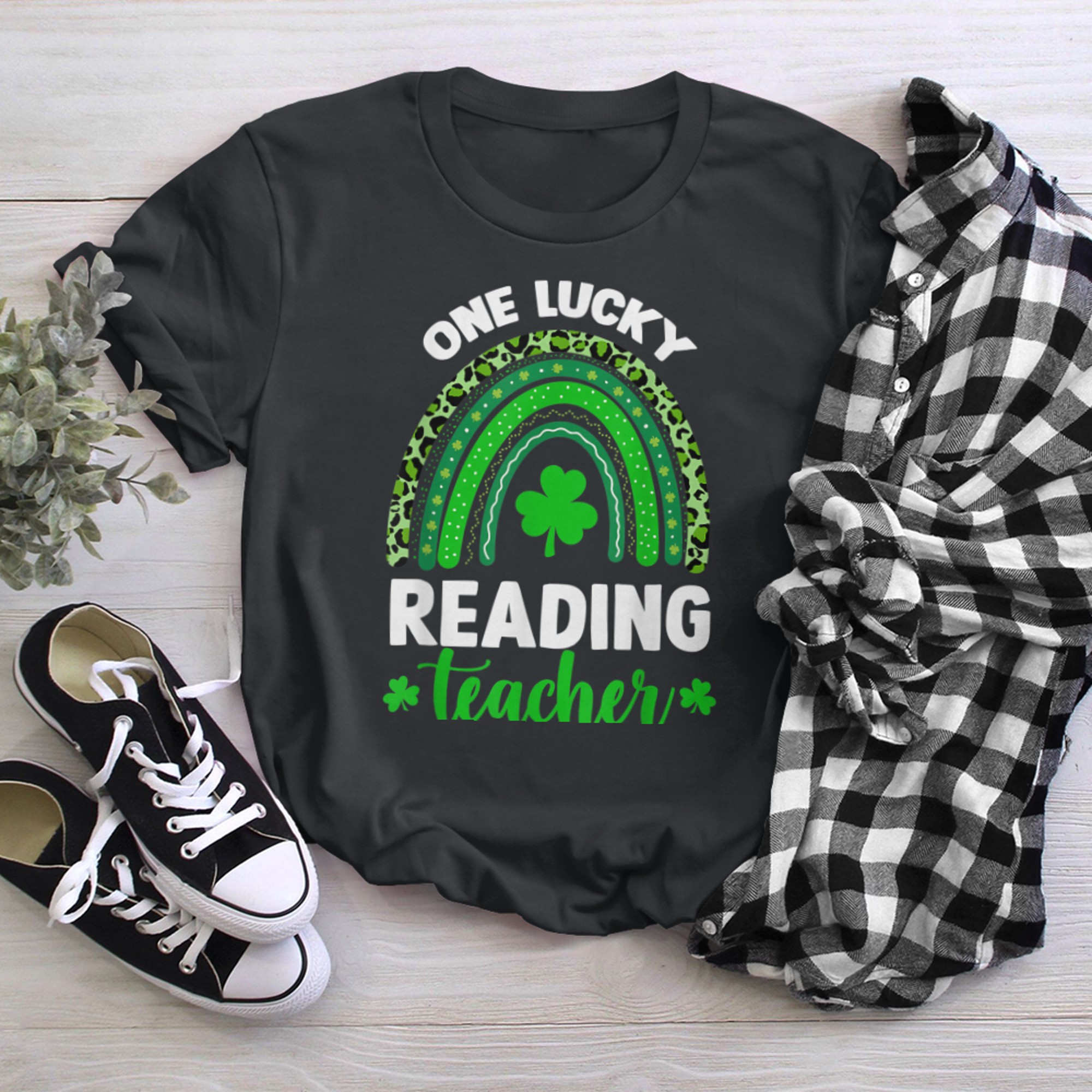 Funny One Lucky Reading Teacher Rainbow St Patricks Day black white