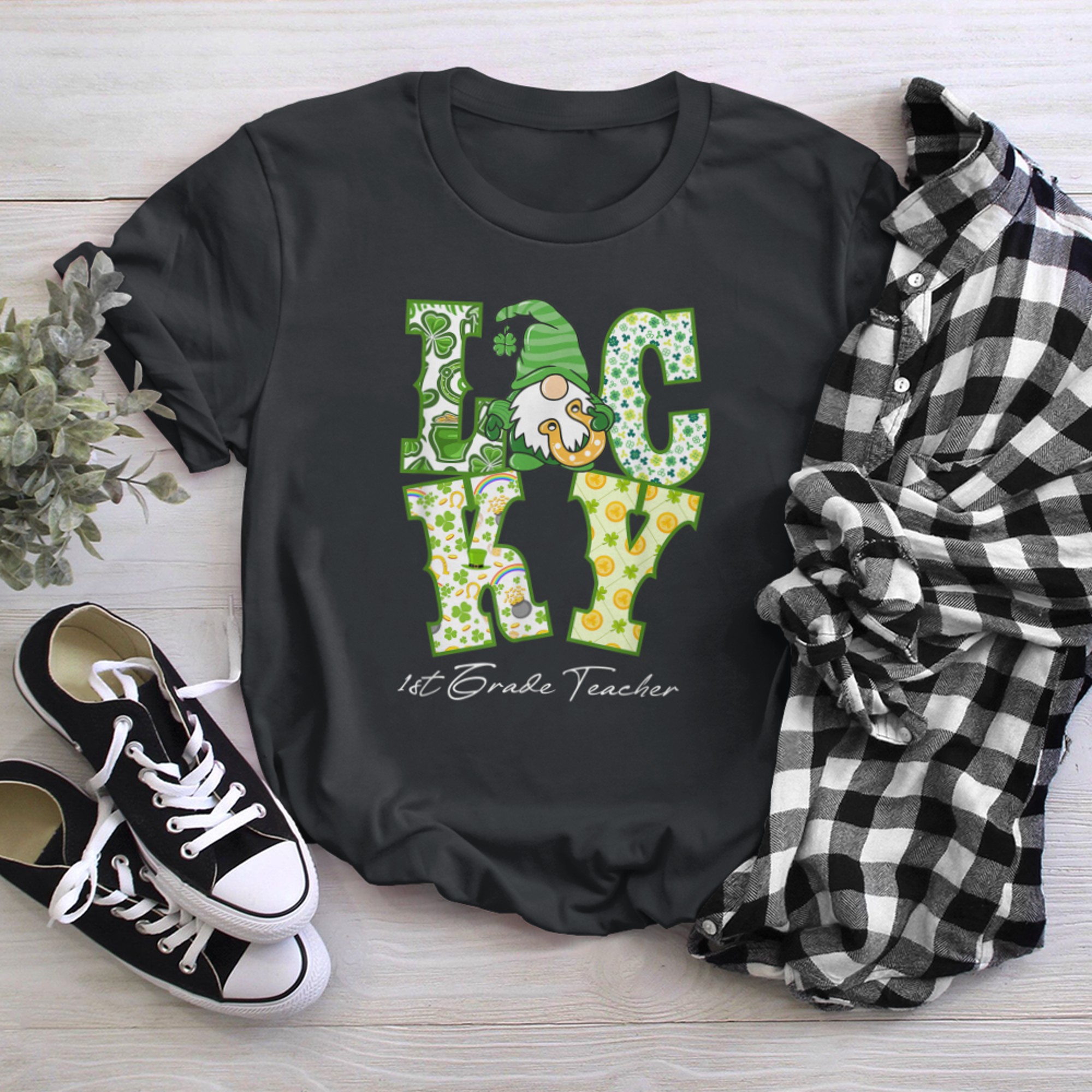 Funny Shamrock Gnome Luck 1st Grade Teacher St Patricks Day t-shirt black