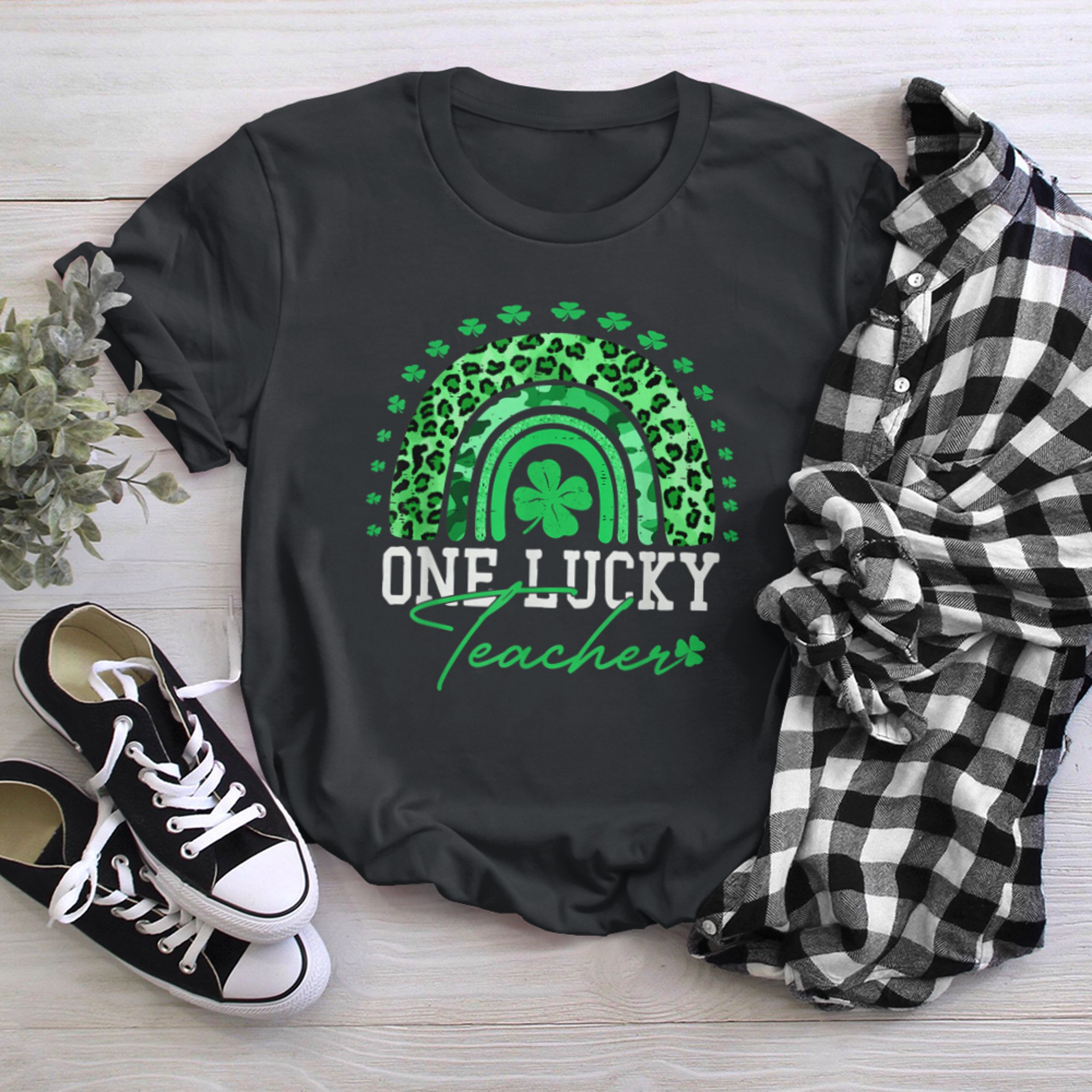 Funny St Patricks Day Shirt One Lucky Teacher Rainbows t-shirt black