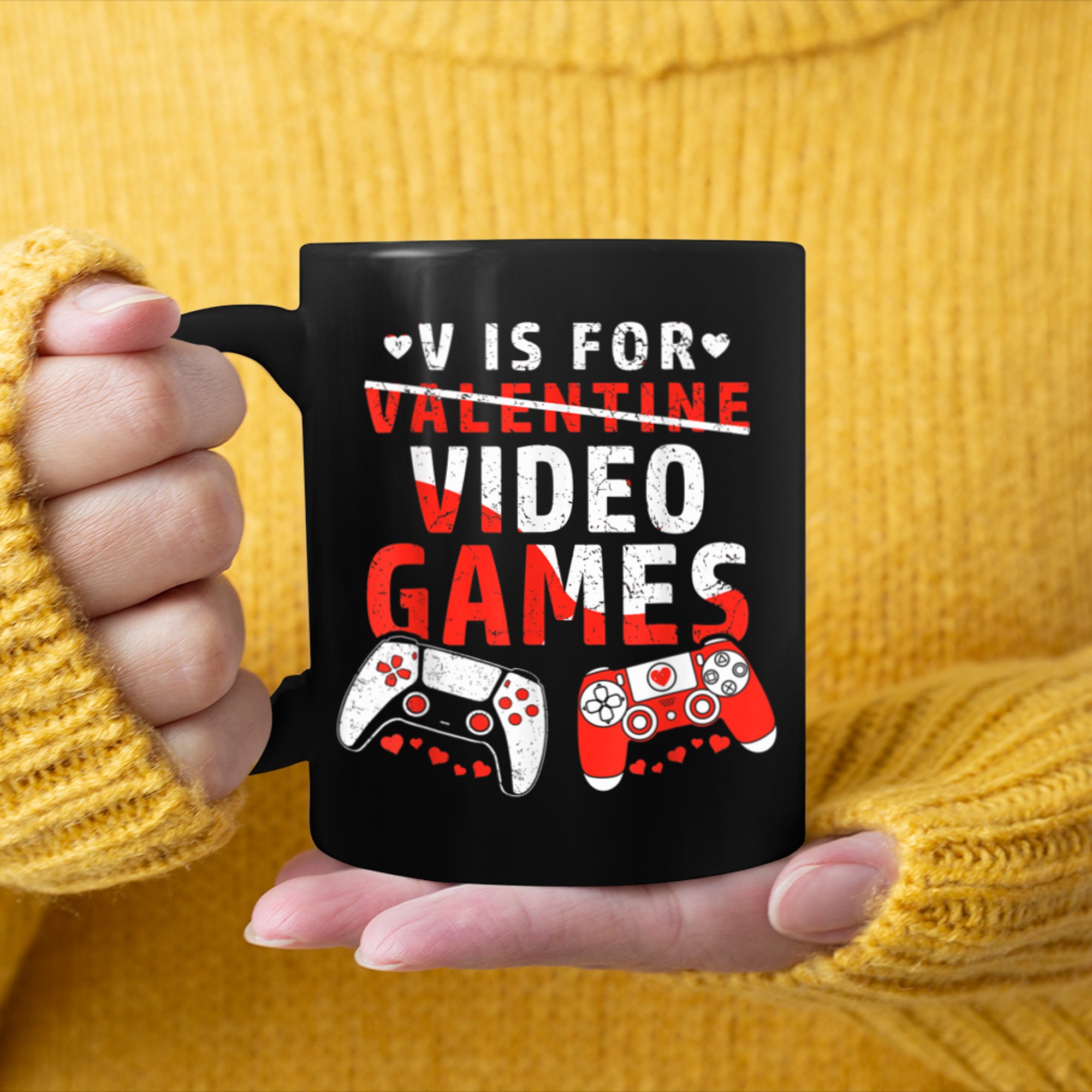 Funny V Is For Video Games Gamer Kids Boys Valentines Day mug black