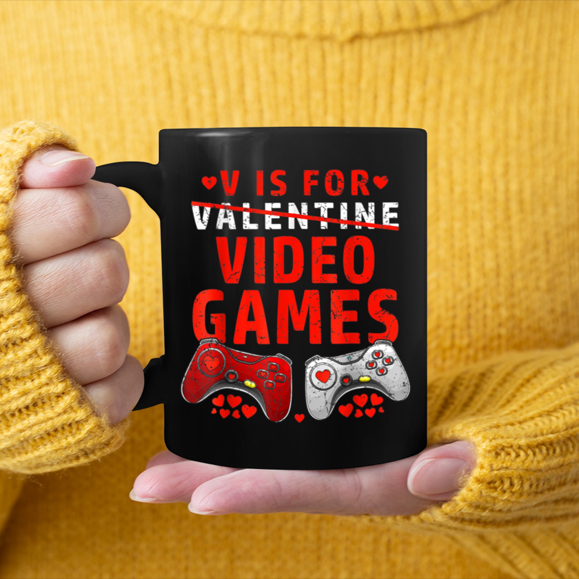 Funny V-is for Video Games Gamer Valentines Day Boys mug black