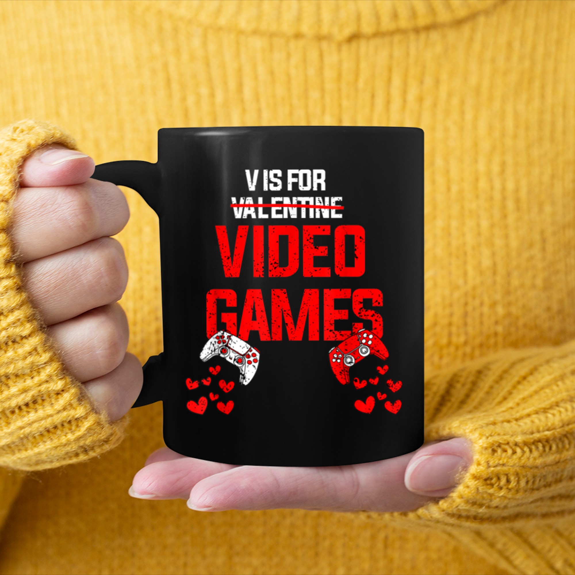 Funny V Is For Video Games Valentines Day Gamer Boy Girl Men mug black