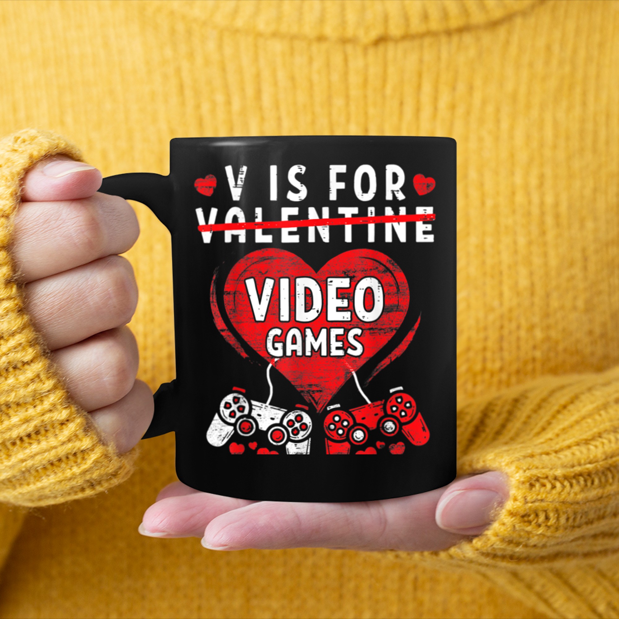 Funny V is For Video Games Valentine's day Gamer Boyss mug black