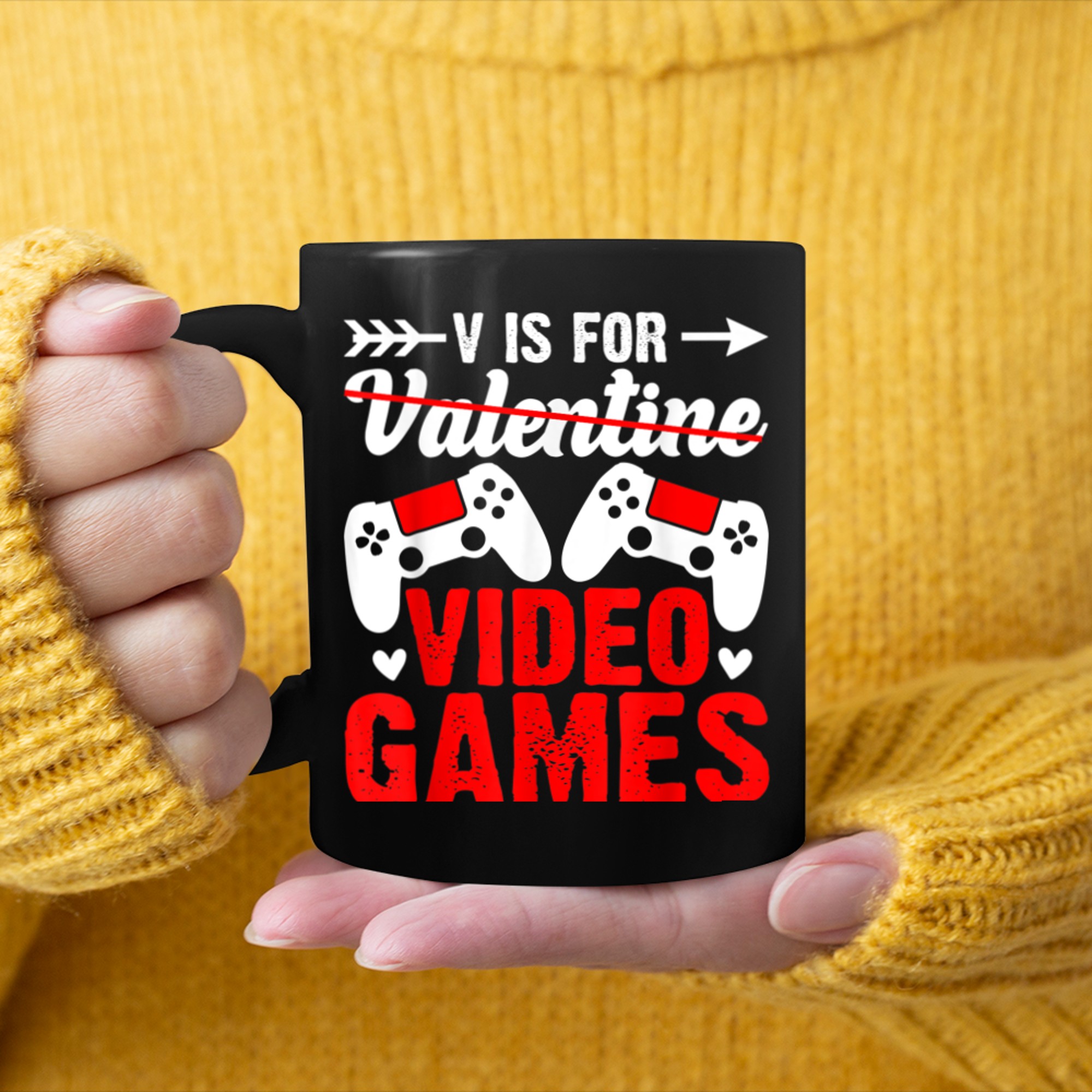 Funny Valentines Day Gamer Saying V Is for Video Games mug black