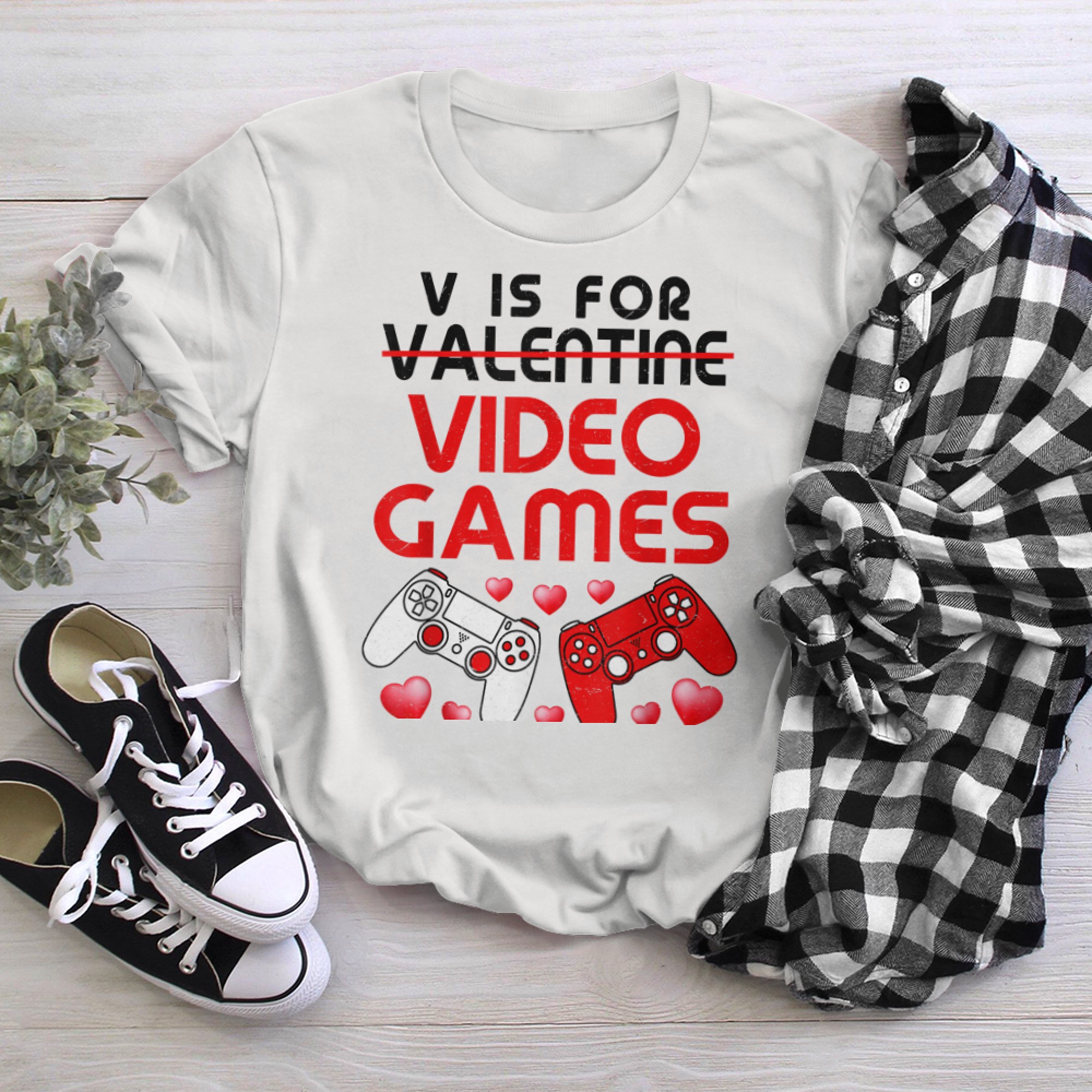 Funny Valentines Day V Is For Video Games Gamer Boy Men t-shirt white