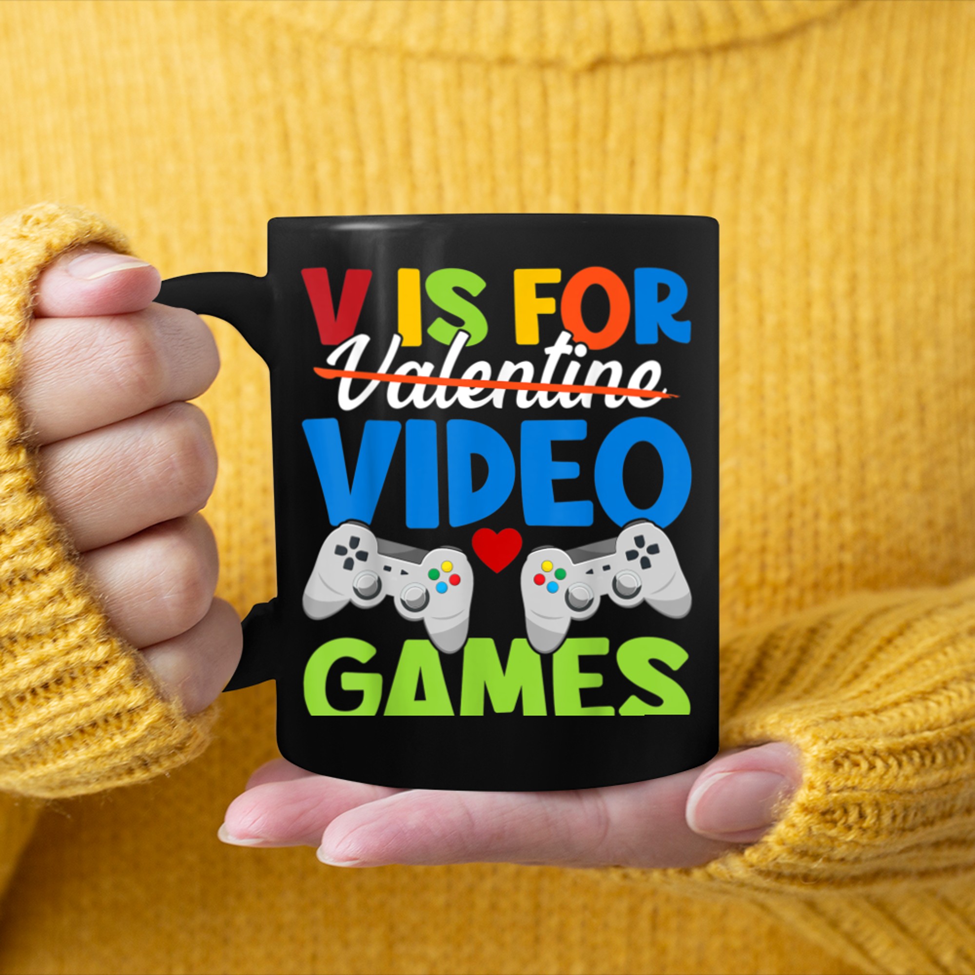 Funny Video Games V is For Valentine mug black