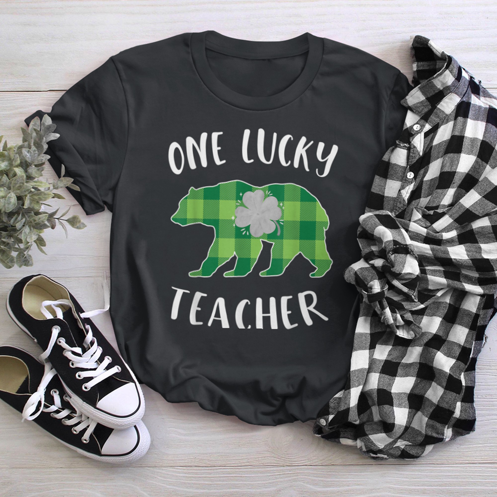 Green Plaid One Lucky Teacher Matching St Patrick's Day Bear black white