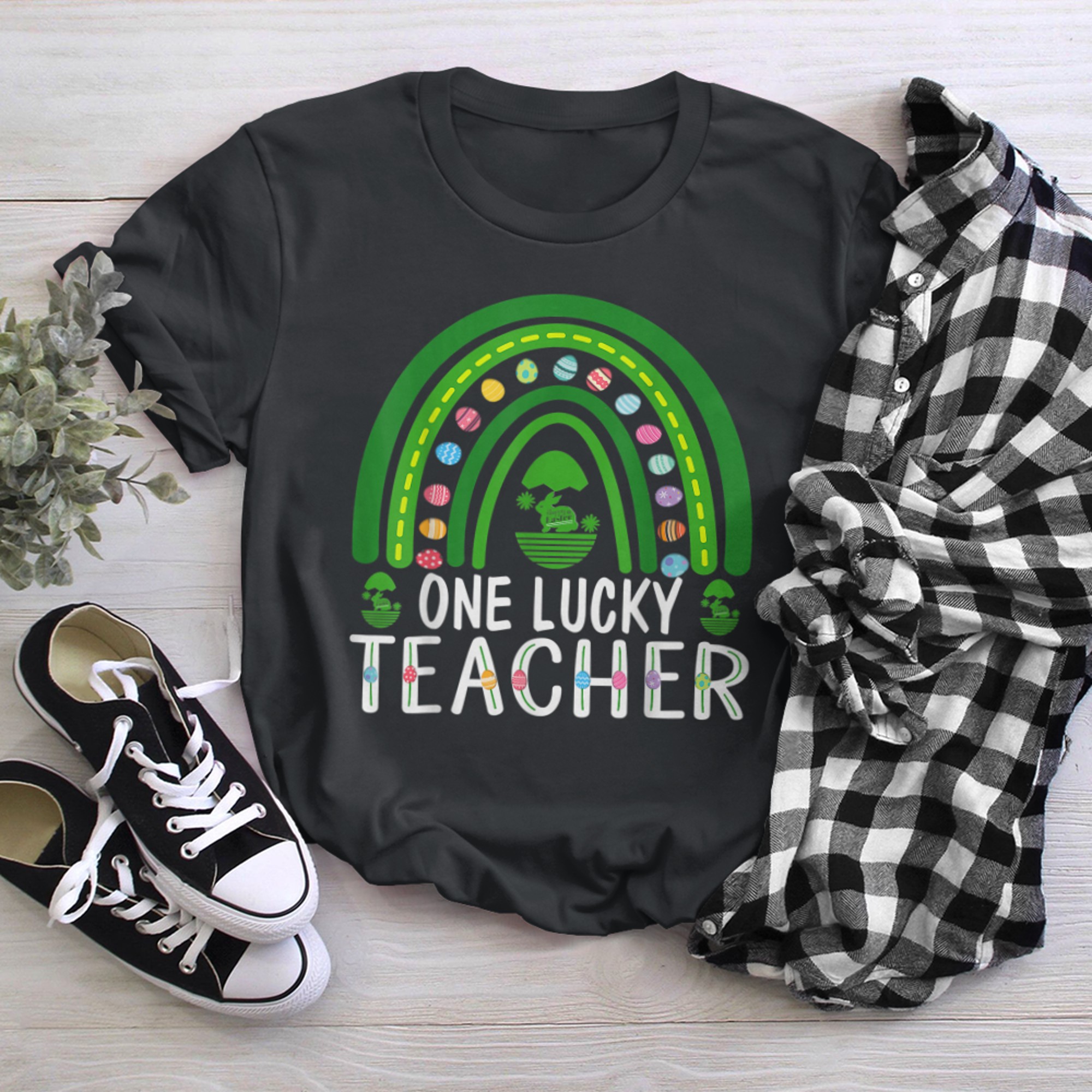 Happy Easter Day Cute One Lucky Teacher Rainbow Outfit black white