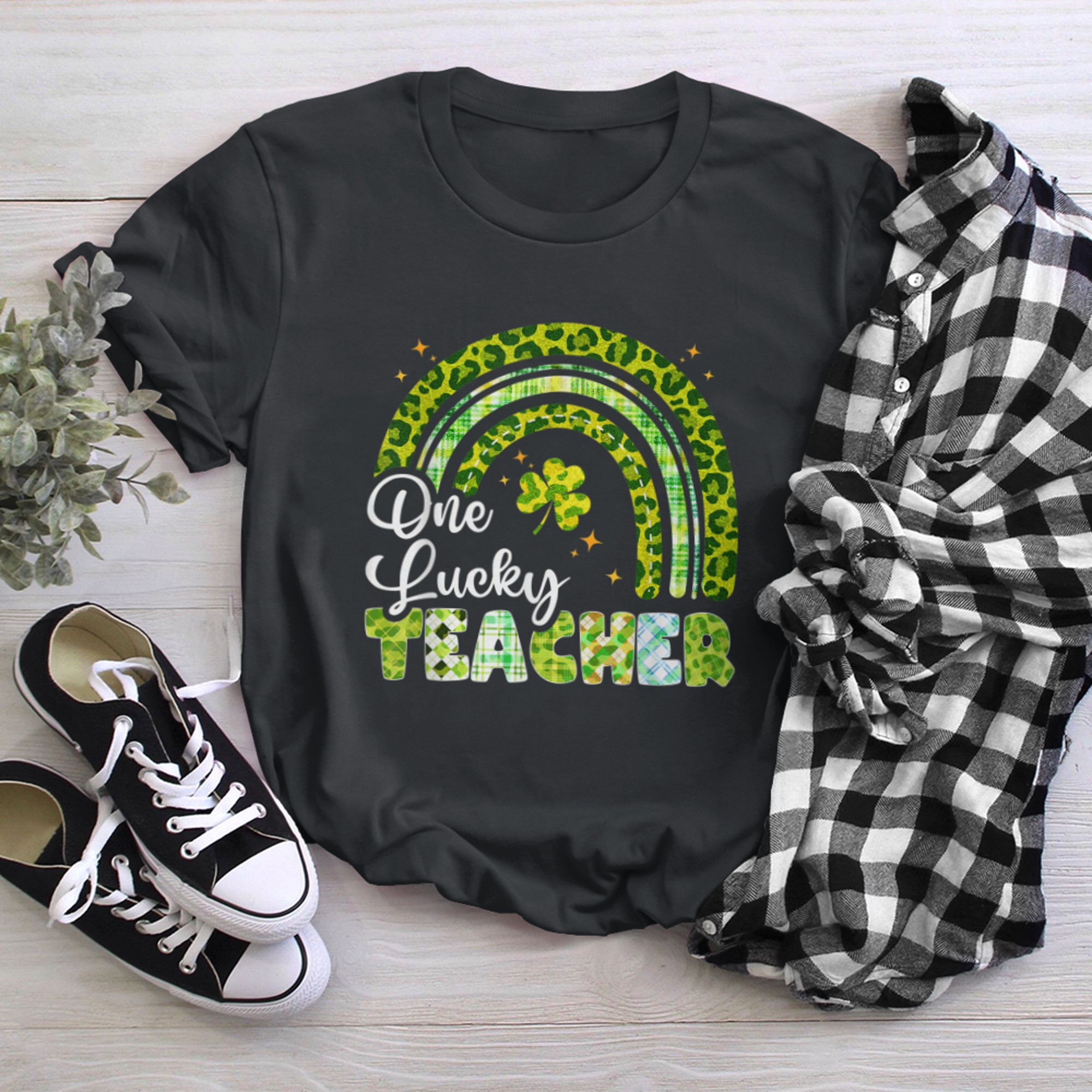 Happy Patricks Day Cute One Lucky Teacher Rainbow Outfit black white