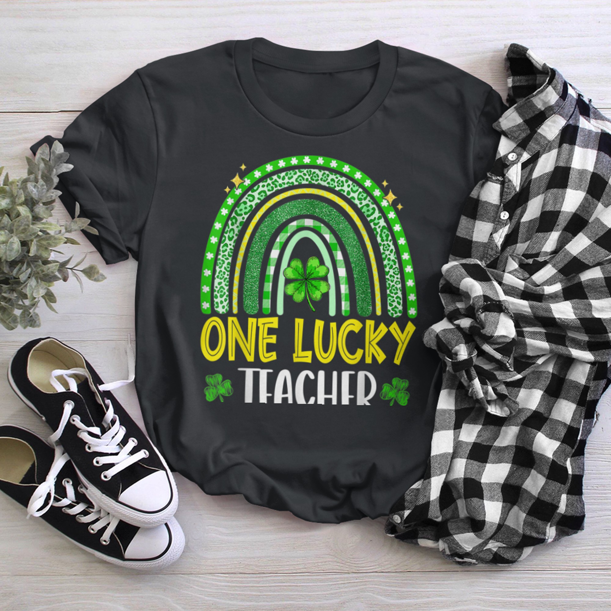 Happy St Patricks Day Cute One Lucky Teacher Rainbow Apparel black white