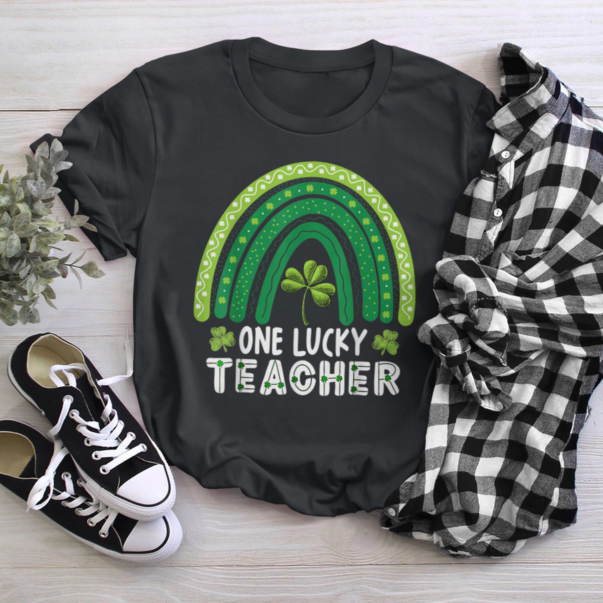 Happy St Patricks Day Cute One Lucky Teacher Rainbow Outfit (1) black white