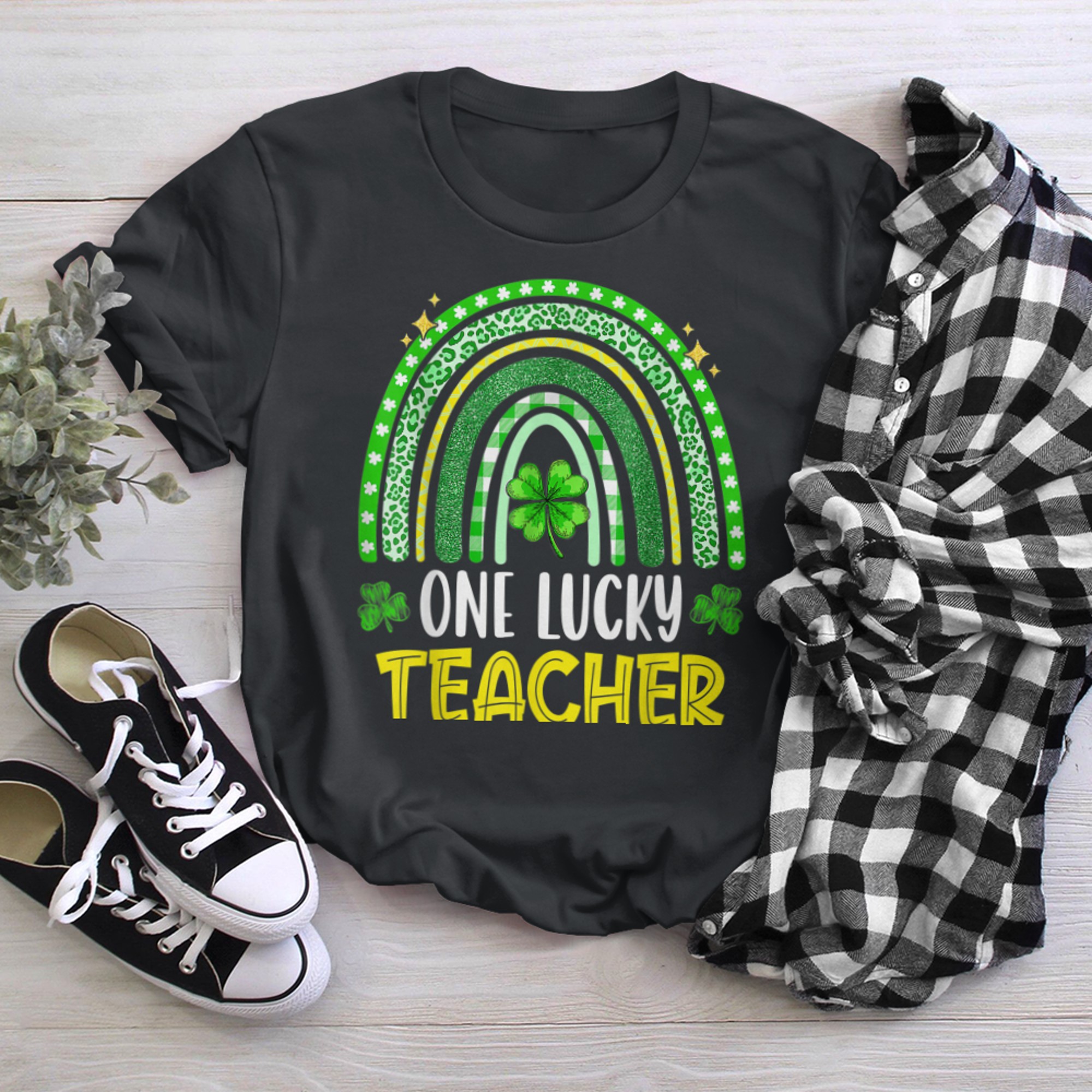 Happy St Patricks Day Cute One Lucky Teacher Rainbow Outfit (5) black white