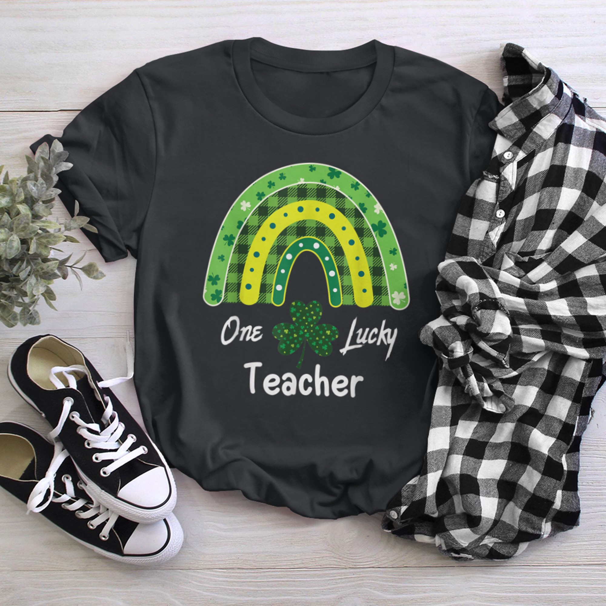 Happy St Patricks Day Cute One Lucky Teacher Rainbow Outfit black white