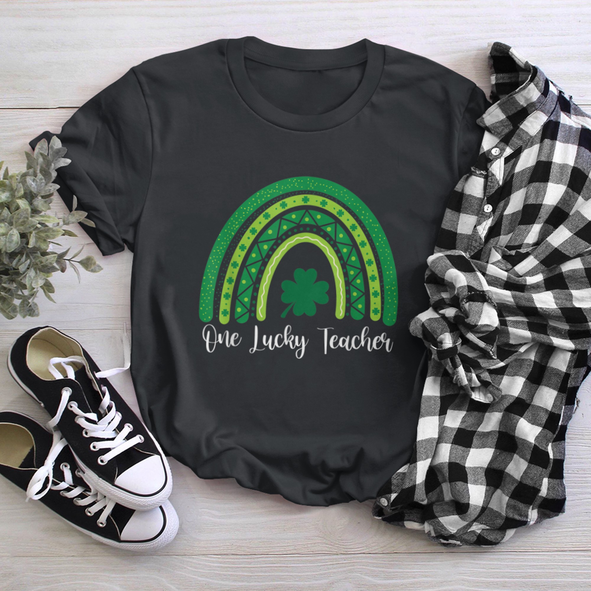 Happy St Patricks Day Cute One Lucky Teacher Rainbow Tee (1) black white