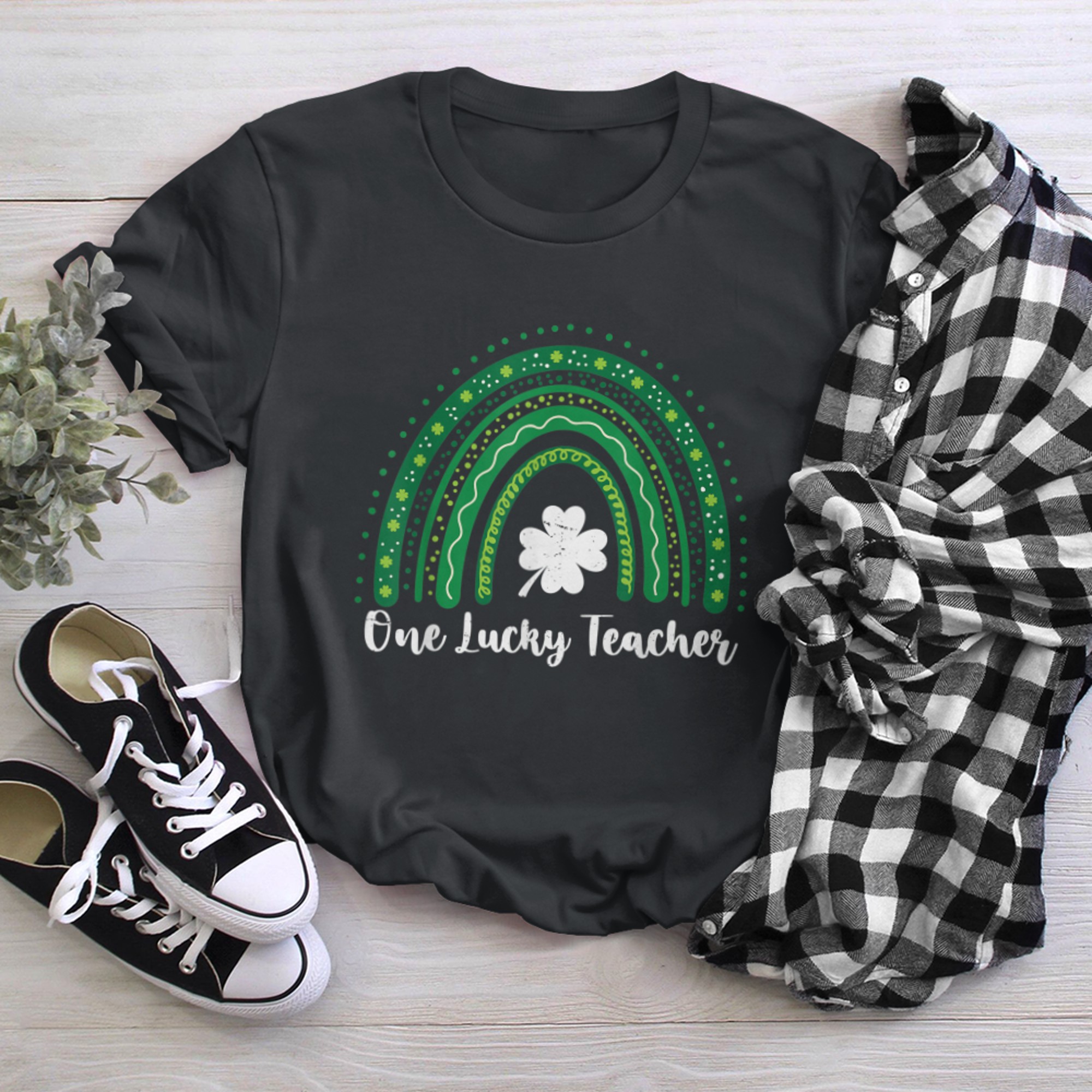 Happy St Patricks Day Cute One Lucky Teacher Rainbow Tee (2) black white