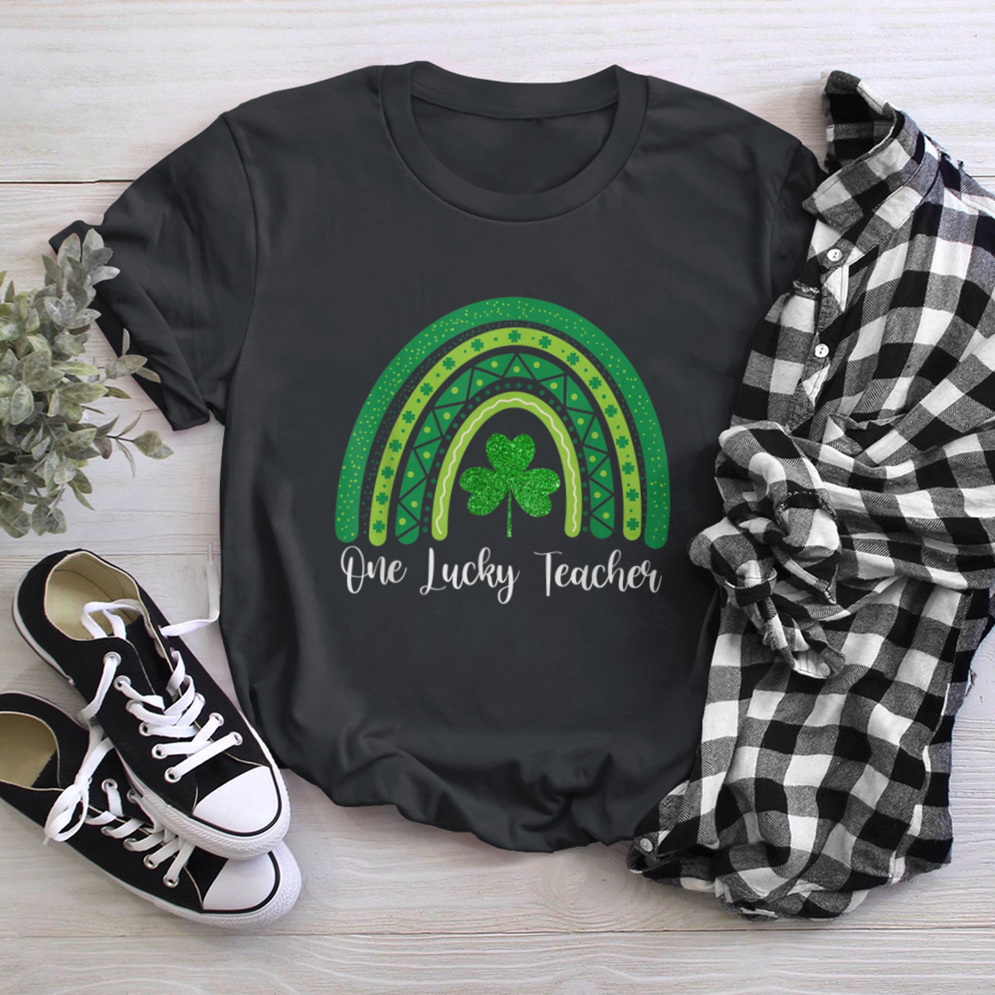 Happy St Patricks Day Cute One Lucky Teacher Rainbow Tee black white