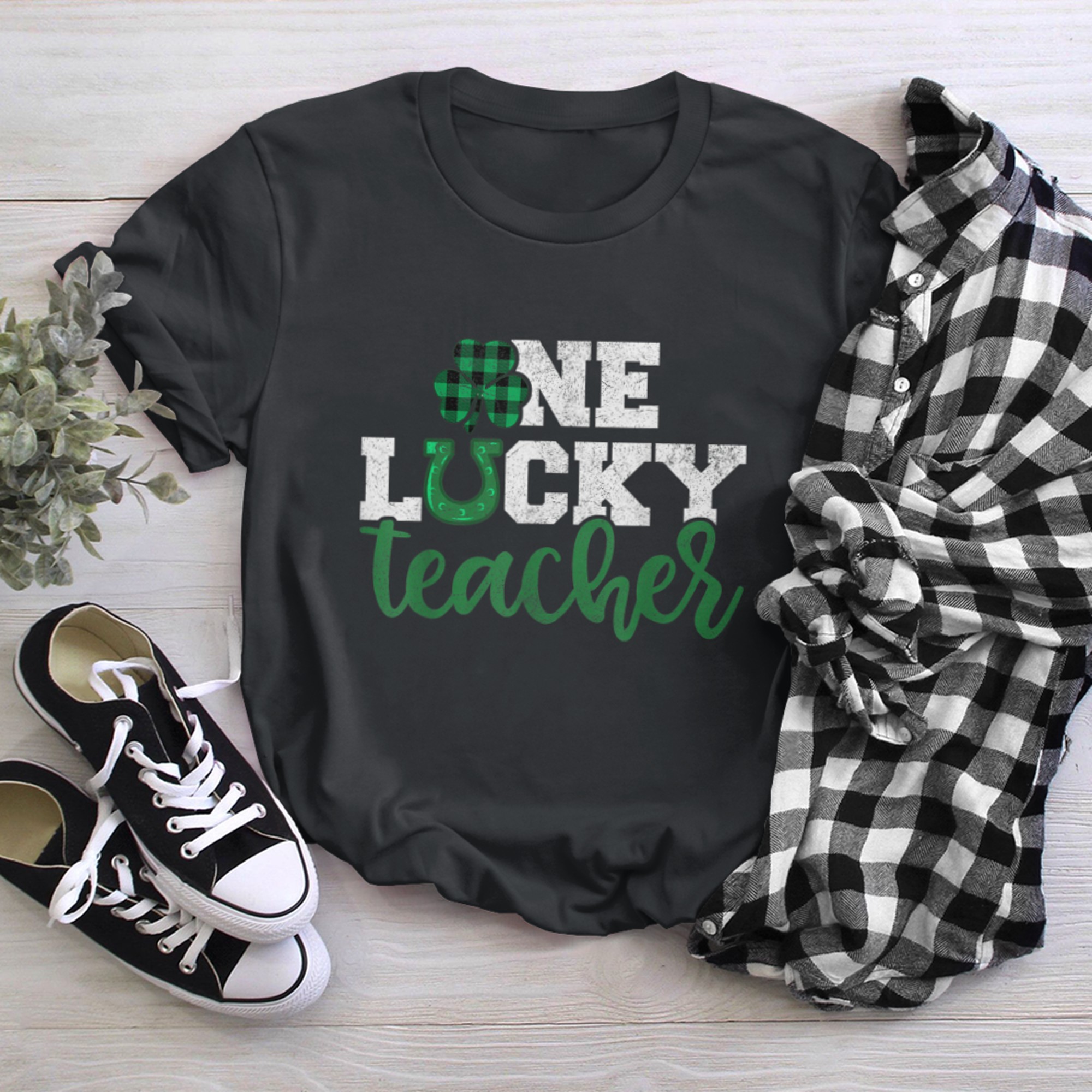 Irish One Lucky Teacher Shirt, St Patricks Day Buffalo Plaid t-shirt black