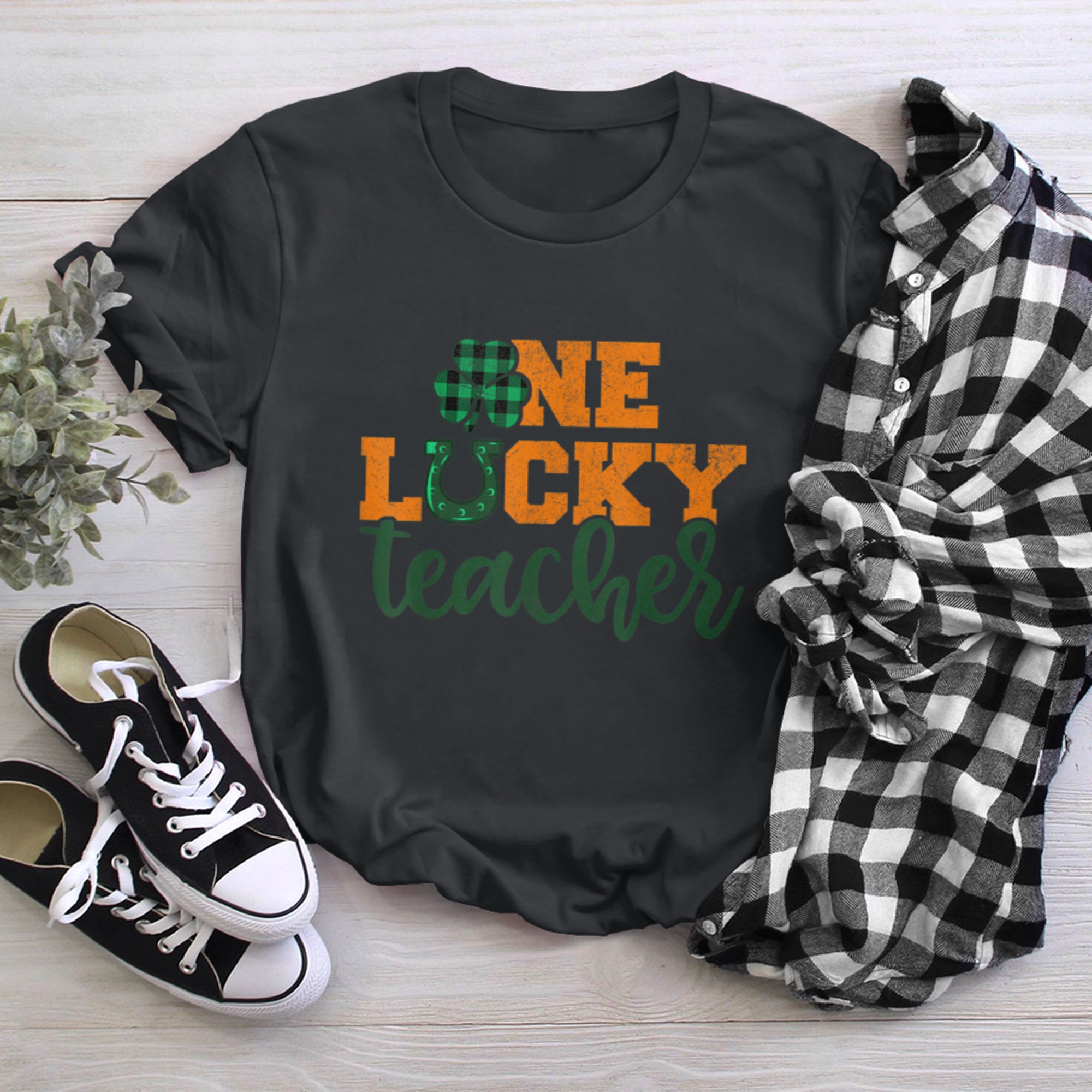 Irish One Lucky Teacher St Patricks Day Shirts Buffalo Plaid t-shirt black