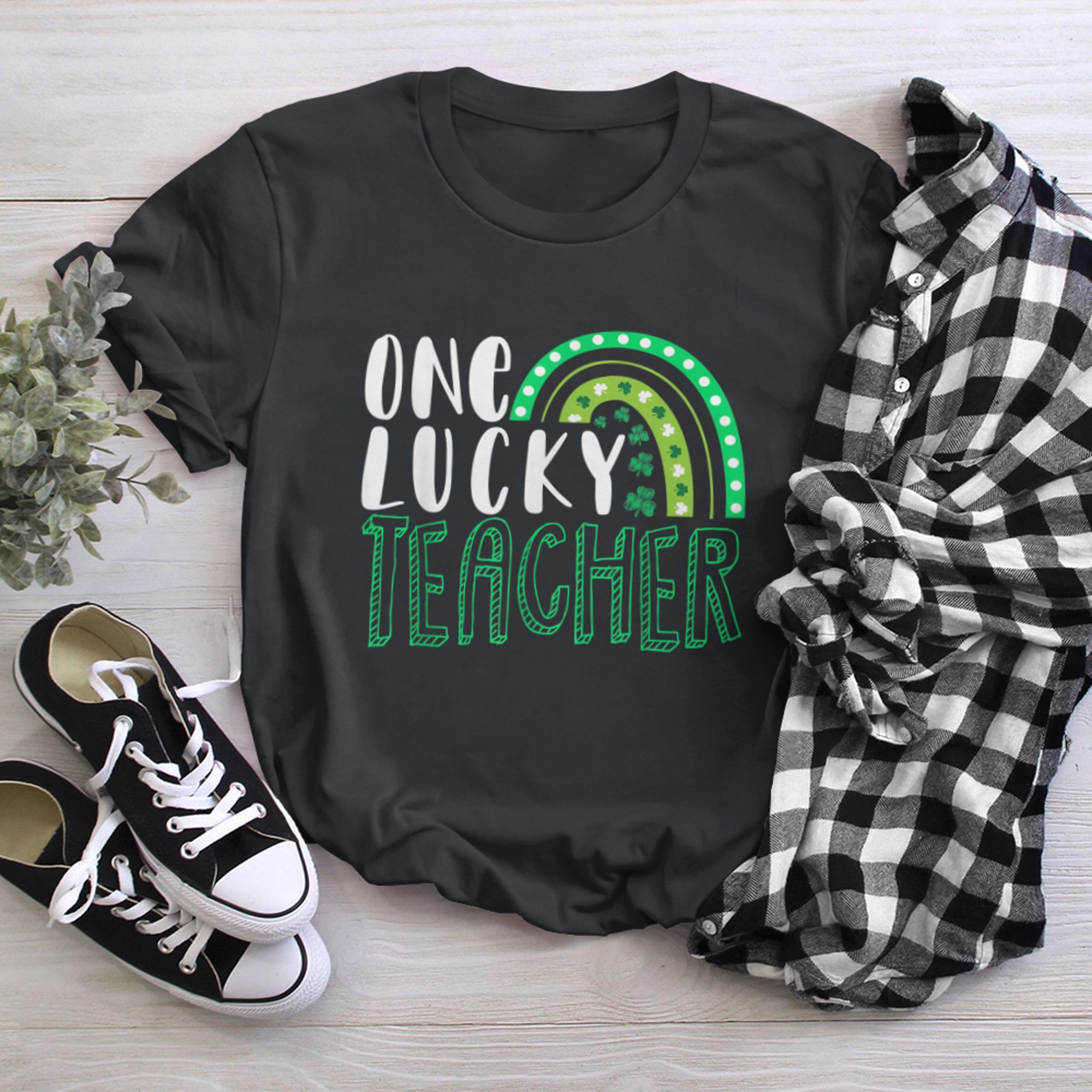 Irish Shamrock Rainbow St Patrick's Day One Lucky Teacher (1) t-shirt black