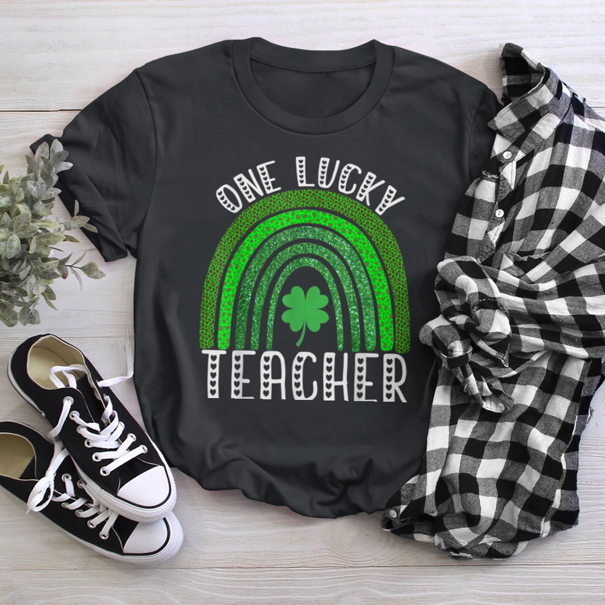 Irish Shamrock Rainbow St Patrick's Day One Lucky Teacher t-shirt black