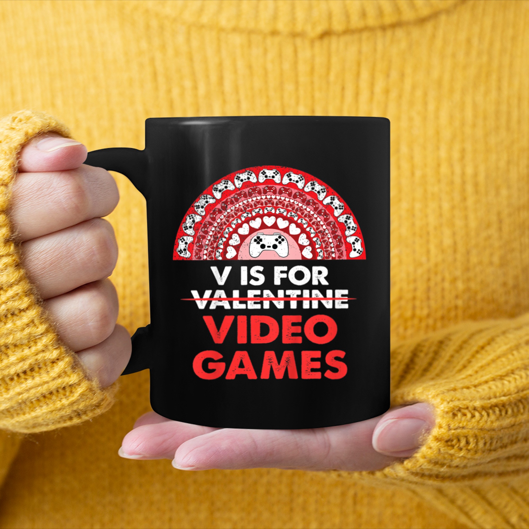 Kids V Is For Video Games Valentines Day Gaming Controller Gamer mug black