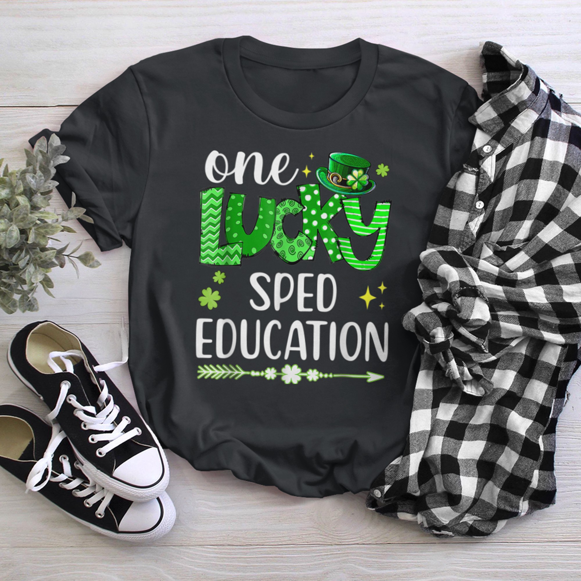 Leopard Shamrock One Lucky Sped Teacher St Patricks Day t-shirt black