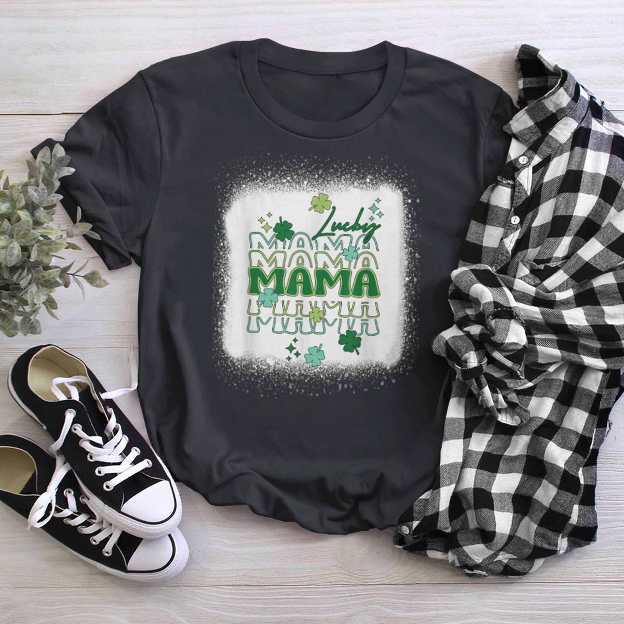 One Lucky Mama Shamrock St Patricks Day Blea.ched For Women t-shirt black