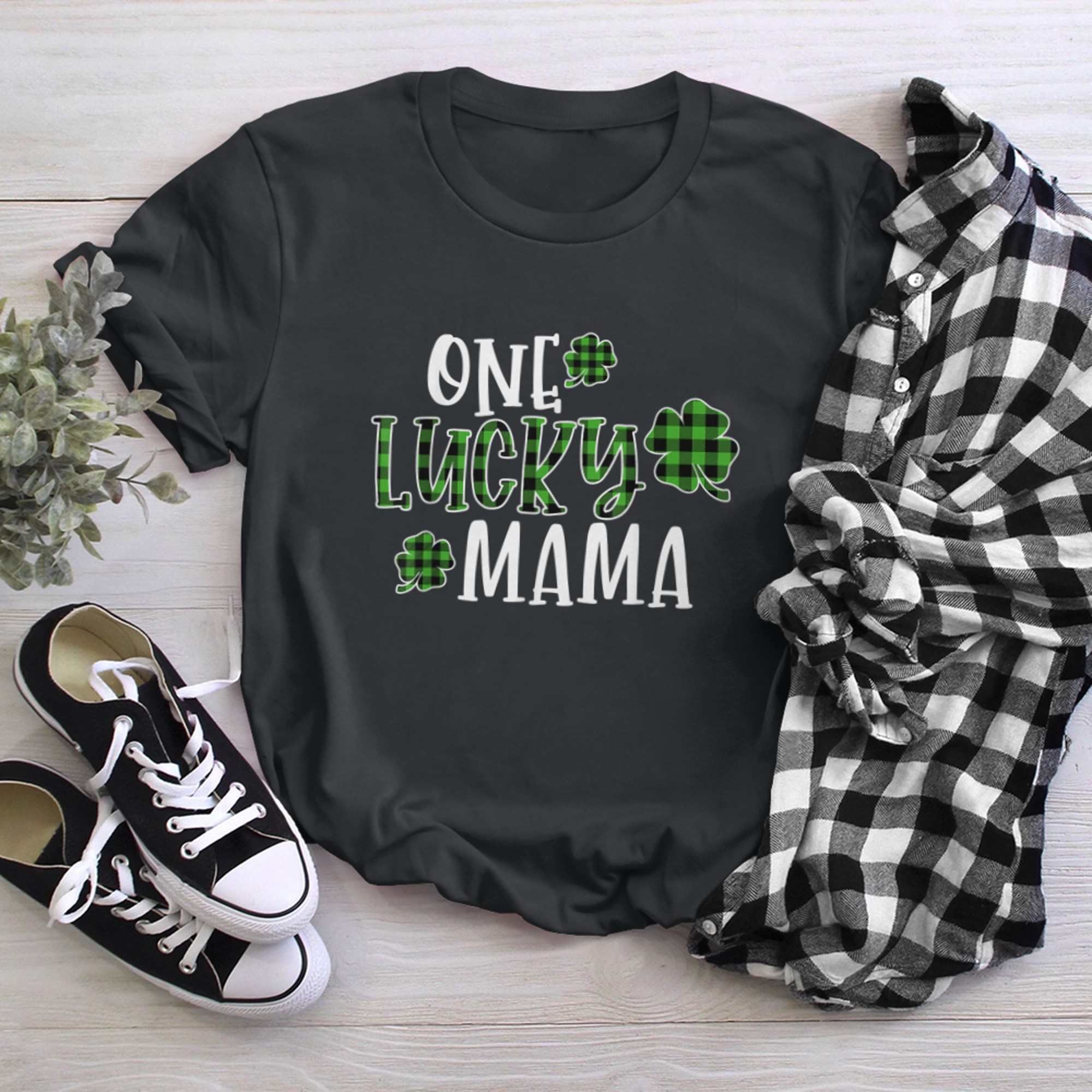 One Lucky Mama Shirt Green Plaid Shamrock St. Patrick's Day t-shirt black