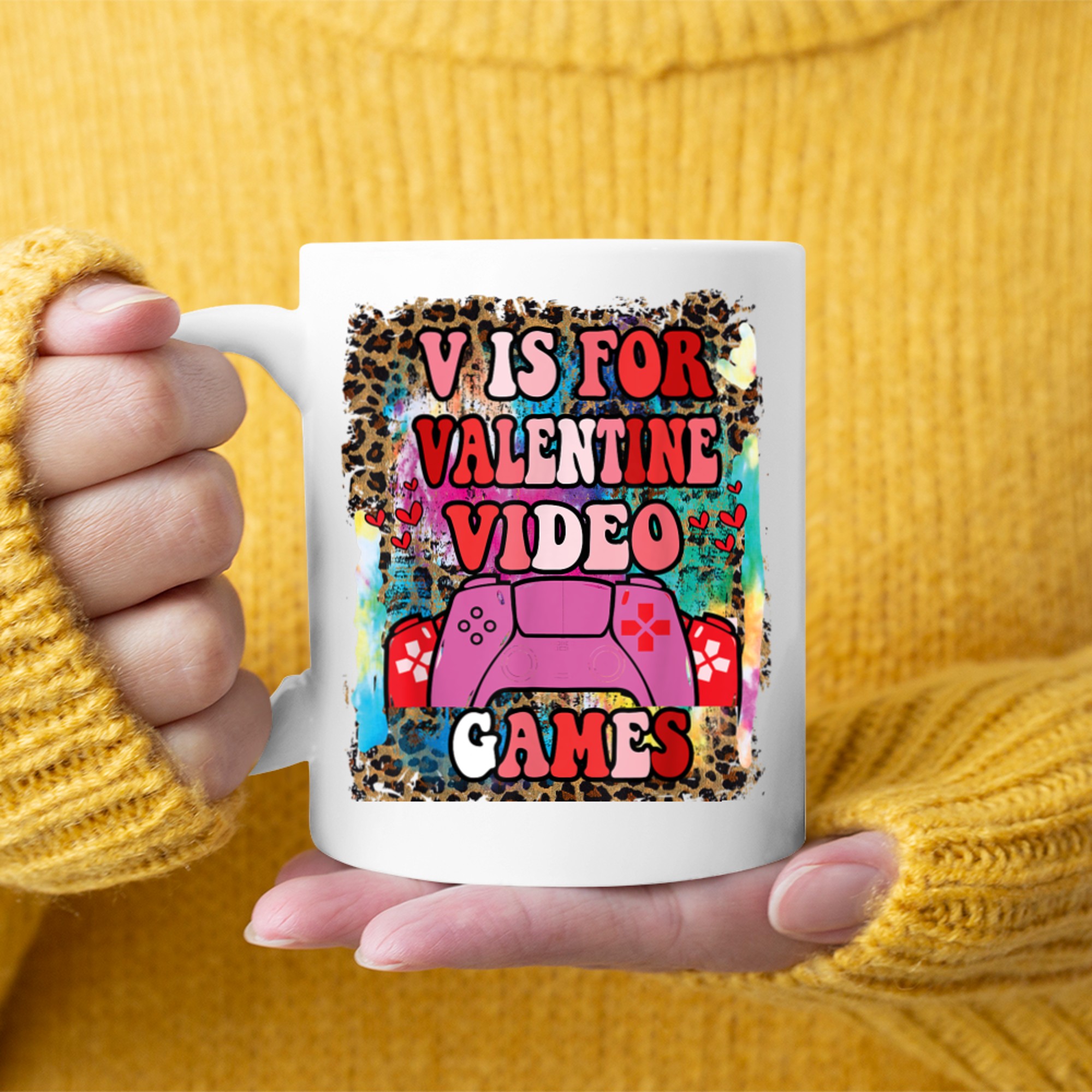 retro grovvy V Is For Video Games Funny Valentines Day Gamer mug white